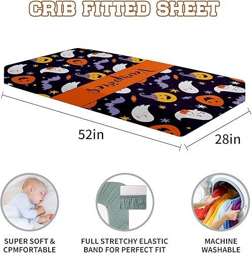 Miniatura 5 de Sábana bajera personalizada para cuna con nombre, 2 piezas para cuna, diseño de Halloween, para bebés, niños y niñas, mini sábana de cuna para bebé,