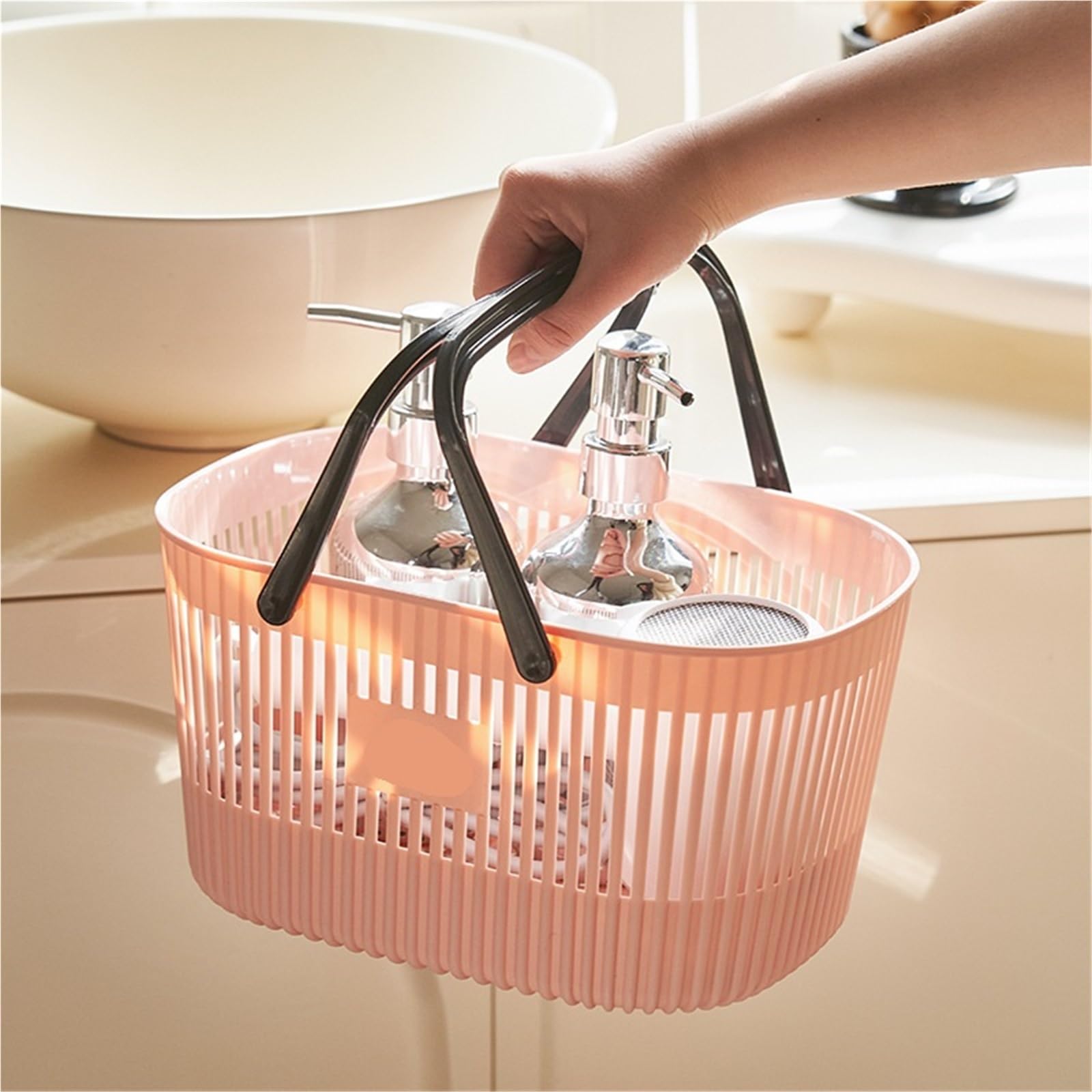 Cesta De Ducha Cesta de Almacenamiento de Gran Capacidad, Organizador de plástico Grueso con Asas, Organizador de Drenaje, contenedor for artículos de tocador para Baño(White)