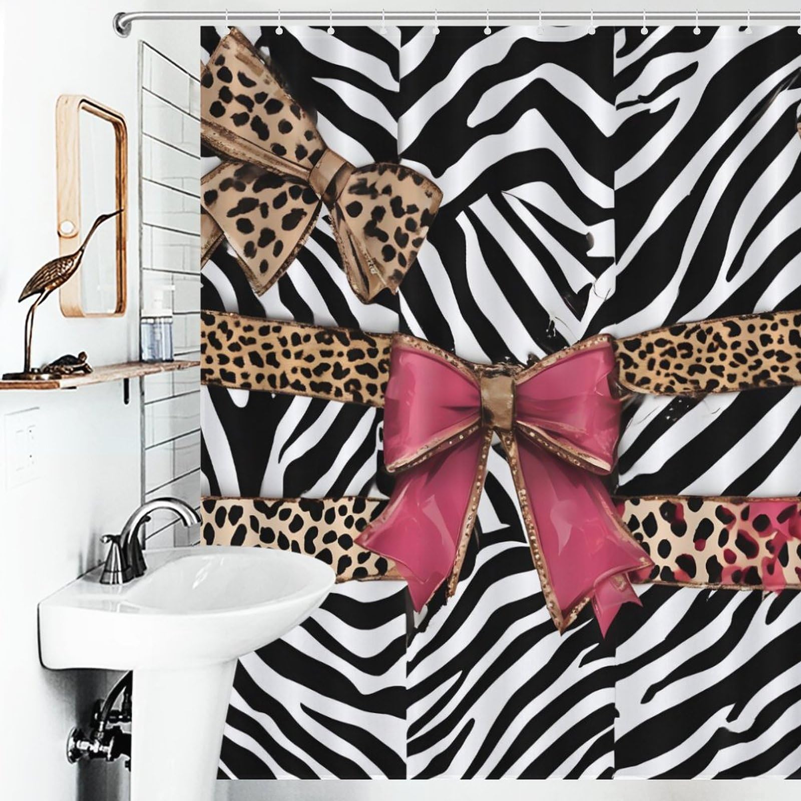 Leopard Zebra Print Designer Shower Curtain Black White Striped Leopard Pink Bow Bold and Chic Leopard Modern Homes