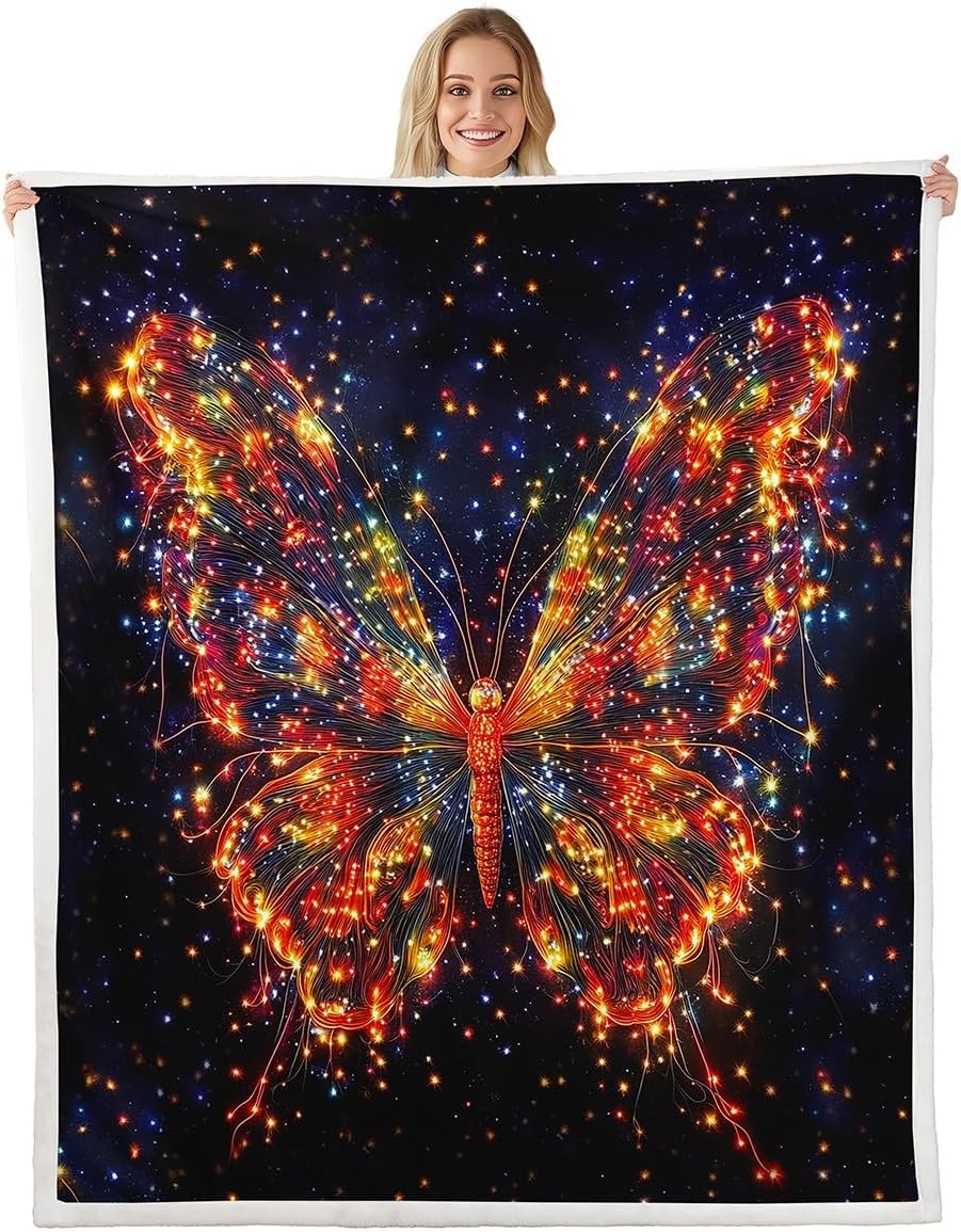 3D Butterfly Kids Flannel Blanket,Watercolor Neon Light Dots Print Fuzzy Blanket for Children,Wild Animal Pattern Galaxy Black Polyester Throw Blanket for Couch, Twin Size (60 x 80 Inch)
