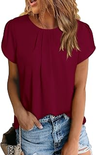 PRETTYGARDEN Women Summer Petal Sleeve Pleated T-Shirts | Crewneck Loose Fit Tunic Tops,Basic Keyhole Back Curved Hem Plain Going Out Shirts,Cute Fall Clothes,Business Casual Top