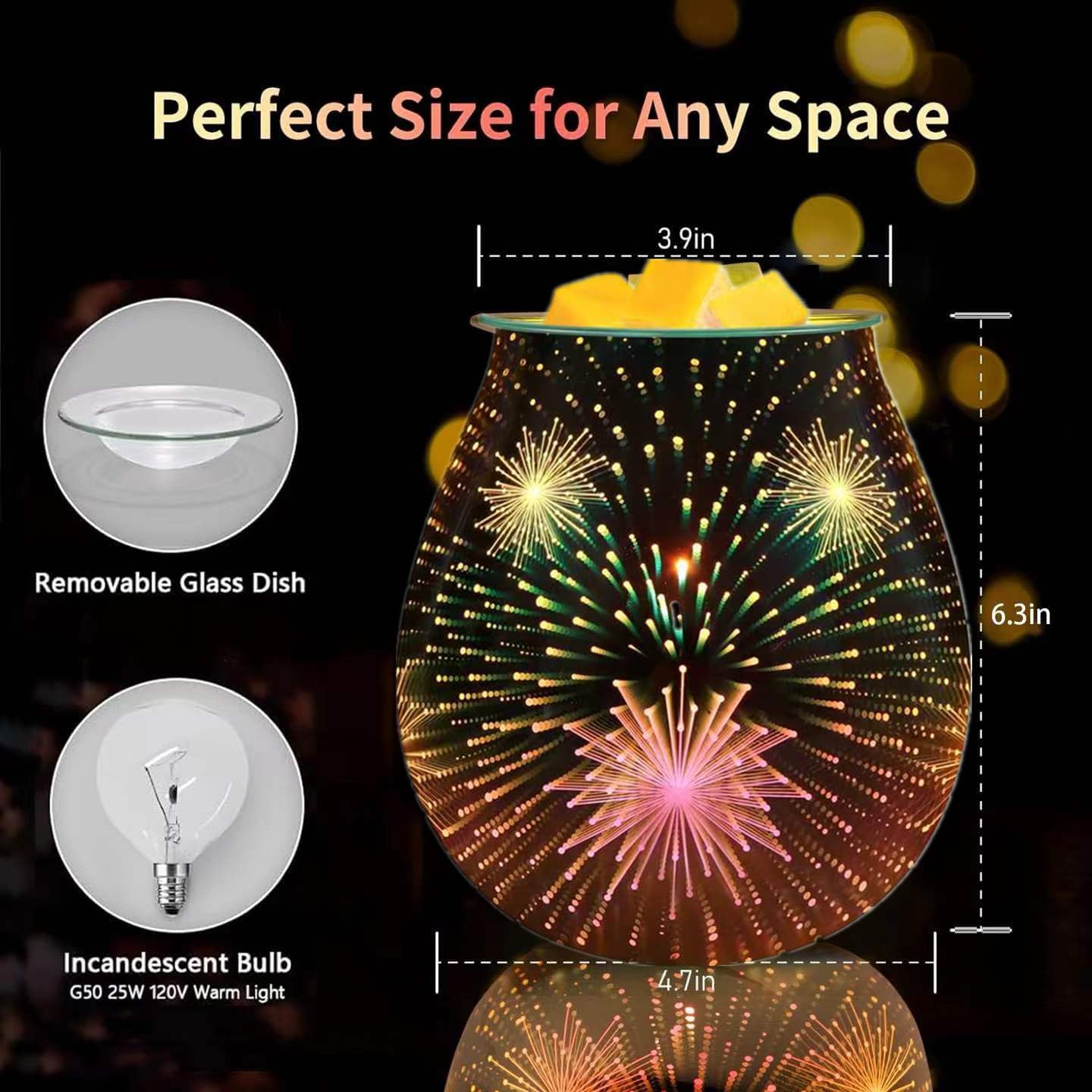 3D Glass Wax melt Warmer,Electric melt Burner,Romantic Aroma Warmer for Essential Oils Burner & Premium Wax Melts Burner.(Fireworks)