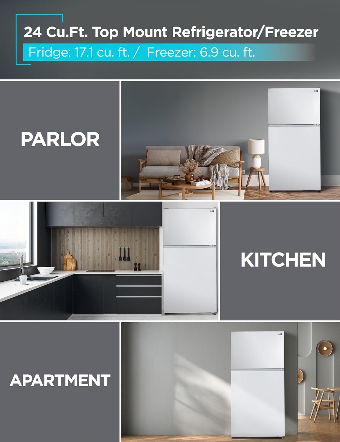BLACK+DECKER 24 Cu. Ft. Top Mount Refrigerator with Freezer, 2 Door Refrigerator with Top Freezer and Adjustable Temperature Control, Full Size Kitchen Refrigerator, BR2400JW, White