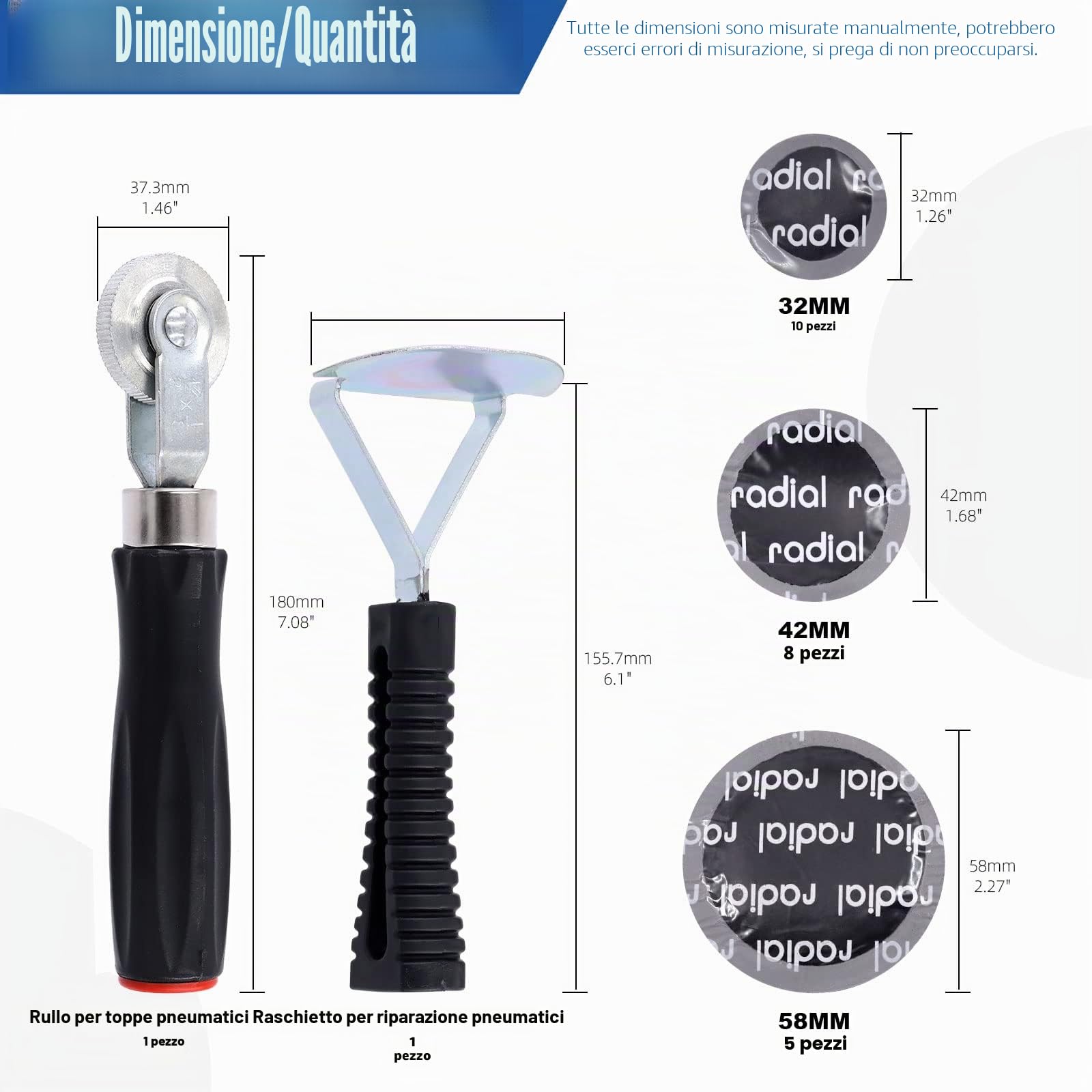 Glarks Kit di 25 pezzi per riparazione pneumatici che include rullo per toppe pneumatici, raschietto per rivestimento interno pneumatici e toppe rotonde in gomma naturale per forature pneumatici