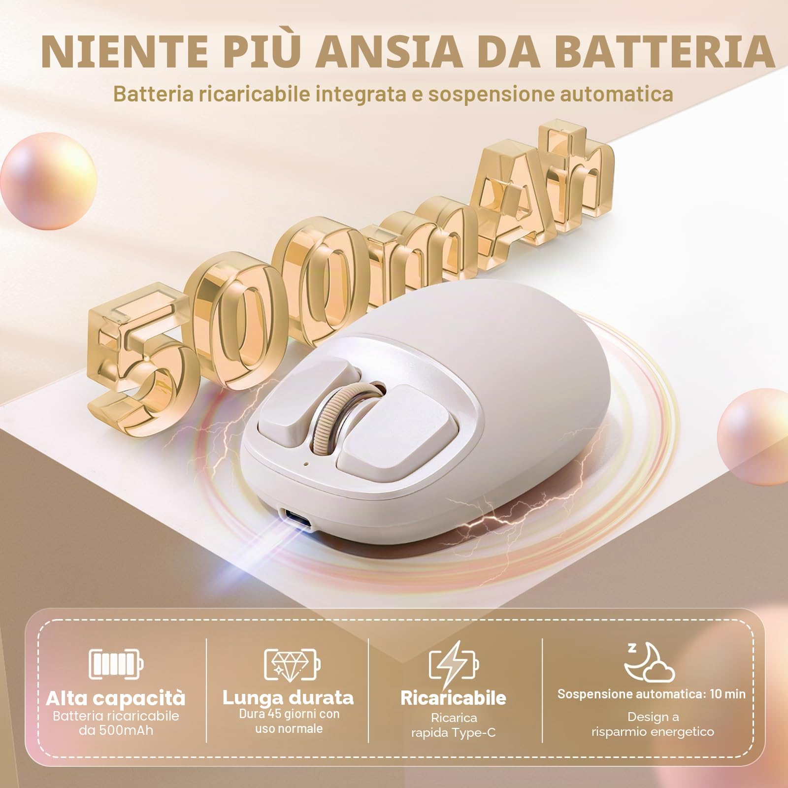 YUNZII C1 Mouse Wireless Silicone Senza Fili (Beige) | 6 Livelli Fino a 4800 DPI, Tri-Mode 2.4G/Bluetooth/Type-C, 500 mAh, Tracciamento Ottico, Mouse per Laptop, Mac, iPad, PC