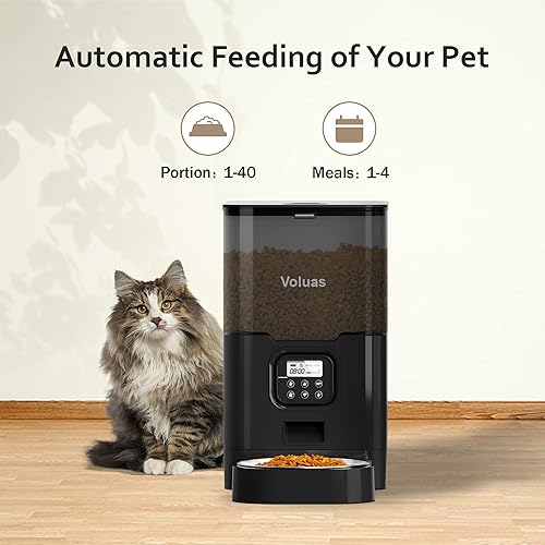 Miniatura 2 de Voluas Alimentador automático para gatos, programable, portátil, grabable por voz, almacenamiento de alimentos de 6 L, acero inoxidable, plástico ABS