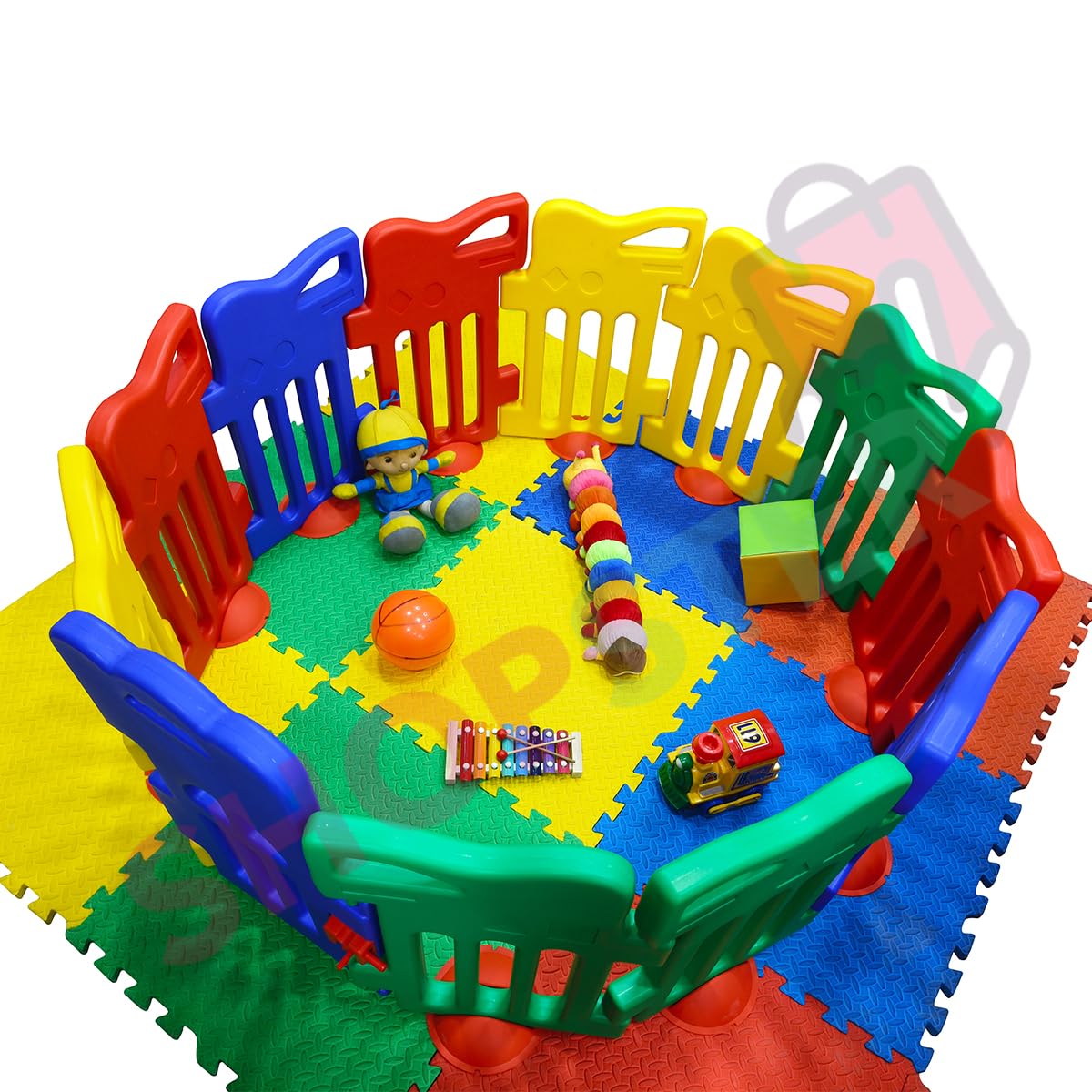 Shopster Baby Playpen Kids Activity Centre Safe & Spacious Play Yard Home Indoor Outdoor, Happy Game Enclosure Ball Pool Area for Toddlers with Lockable Gate (Multicolour, 12 Panel Set) - Image 6 thumbnail