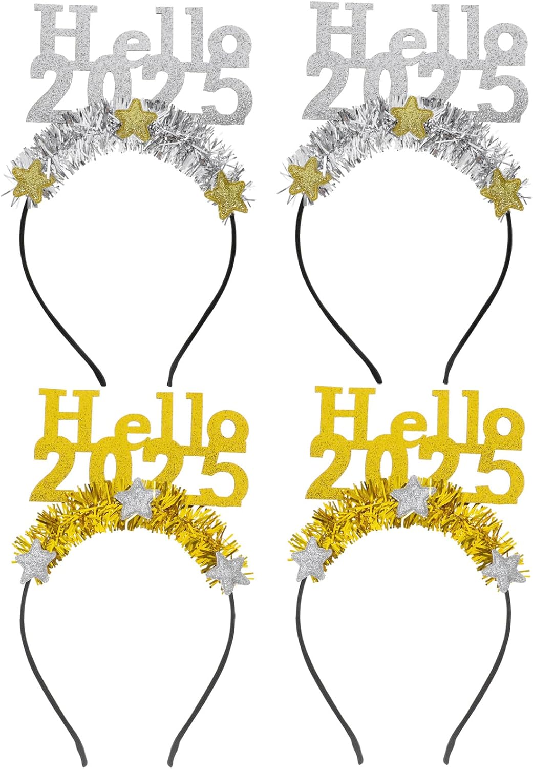LUOZZY 4Pcs 2025 New Year Headband Star Tinsel Hairband Glitter Hair Hoops Sequin Headwear for 2025 New Years Eve Christmas Holiday Birthday Party - Gold + Silver