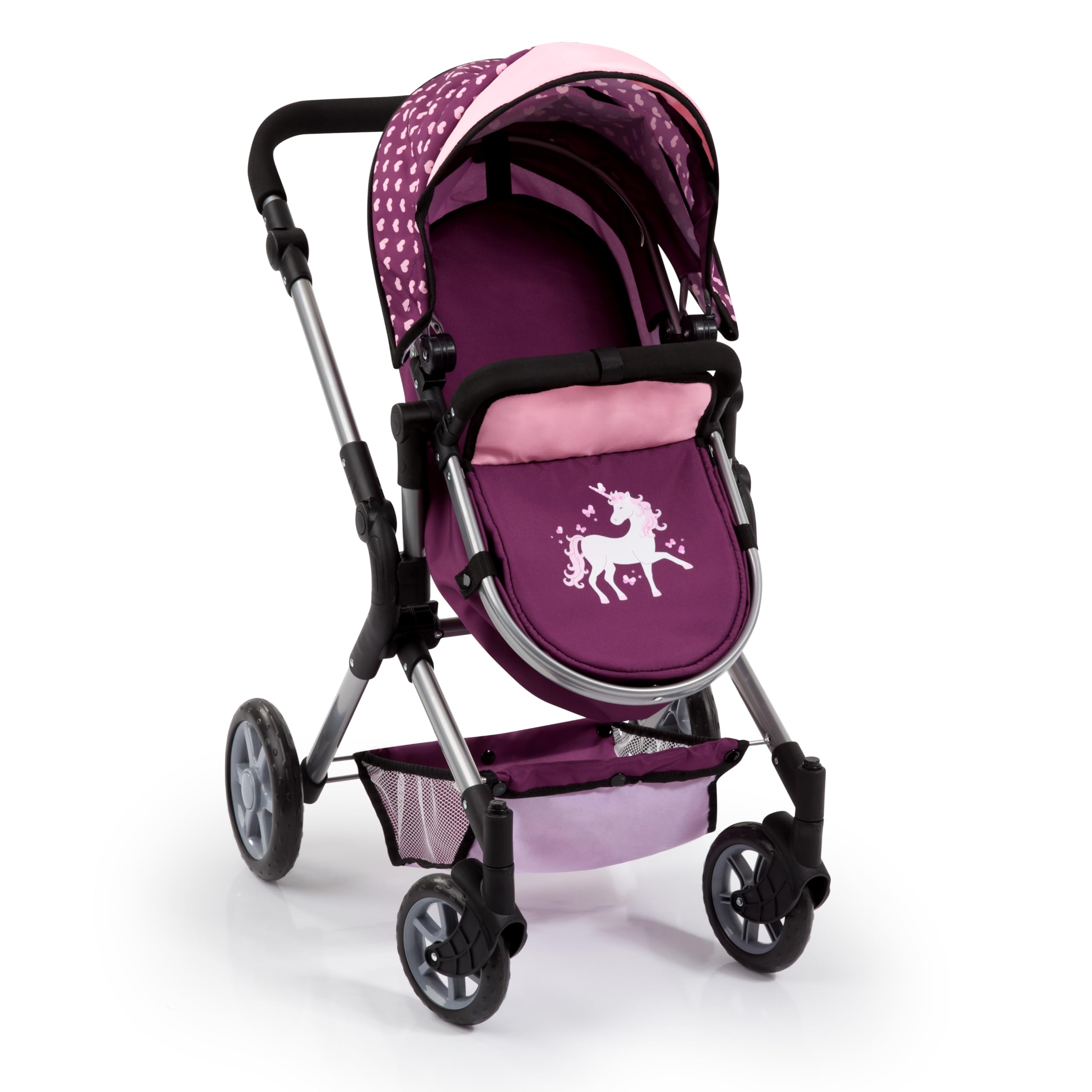Bayer Design 18137AA City Neo Kombi Puppenwagen mit Wickeltasche, umwandelbar in einen Sportwagen, höhenverstellbar, faltbar, Pflaume, rosa, Einhorn, 52cm