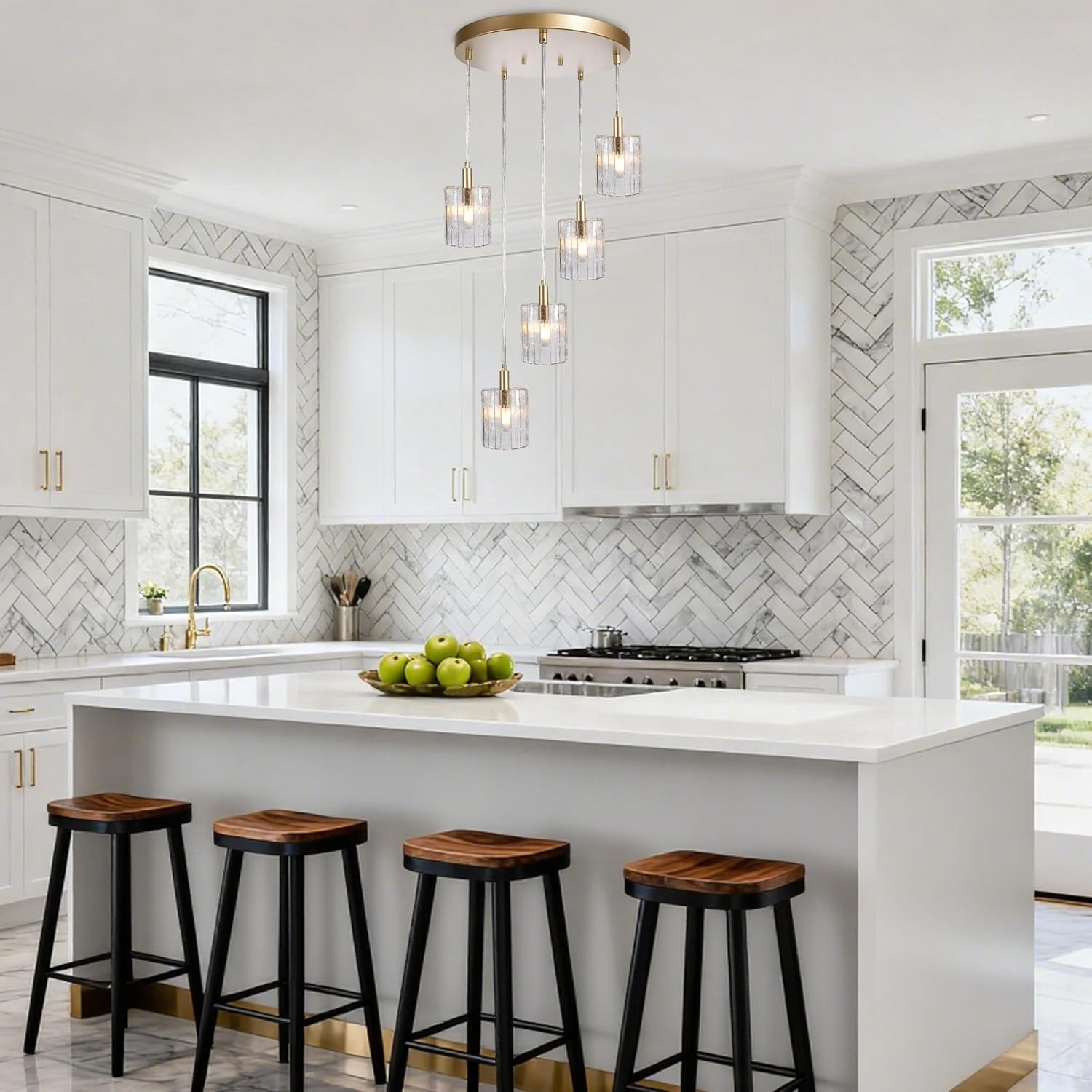 5-Light Glass Pendant Light Fixtures High Ceiling Hanging Cluster Chandelier Gold with Clear Glass Shade, Modern Pendant Lighting for Stairway Kitchen Island Dining Living Room (E12)