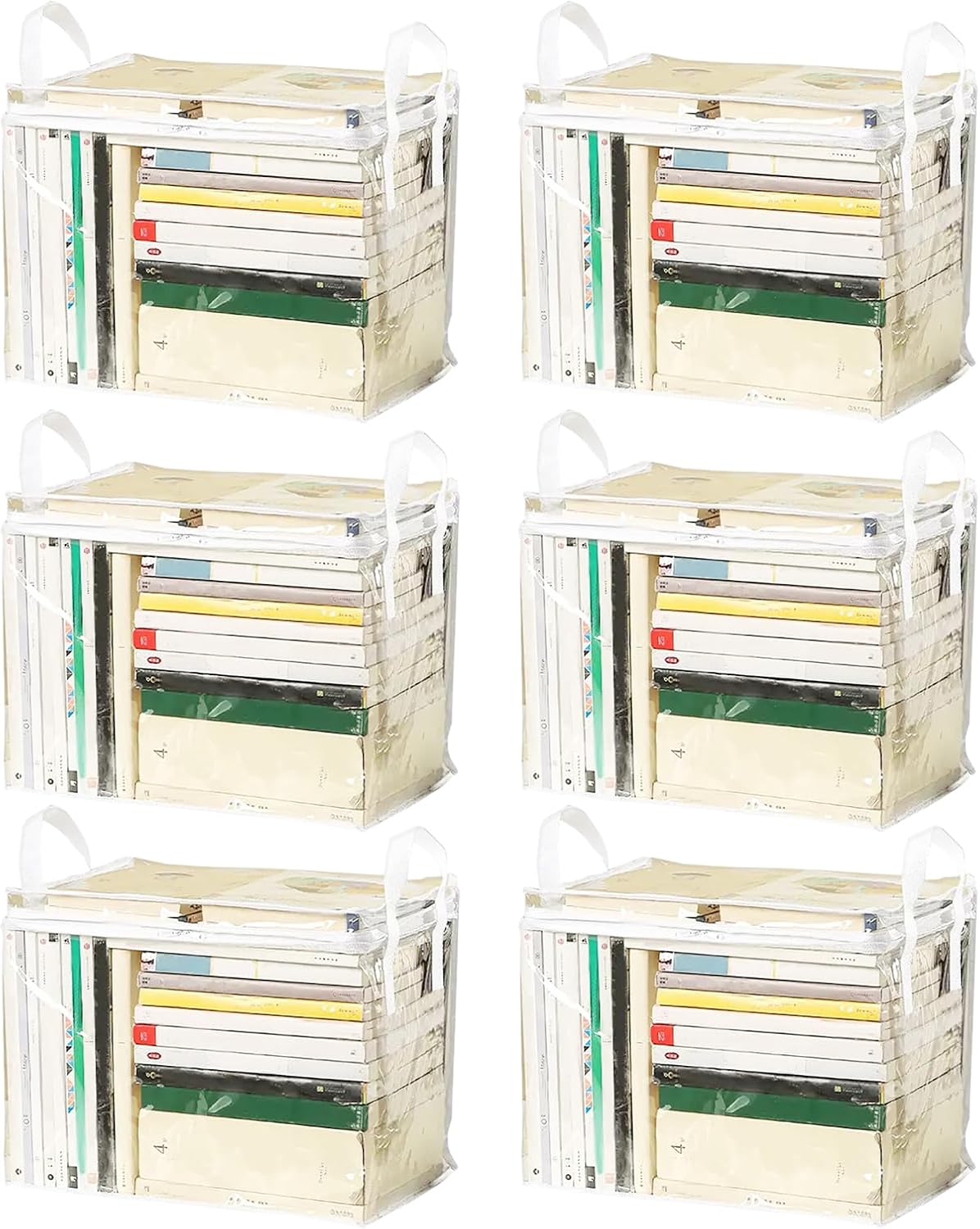 6-Pack Extra Large Clear Book Toy Storage Bags Plastic Comic Books Organizer Collapsible Book Display Case with Lid and Lifting Handle Suitable for Books and Toys,Size38x24x32cm/15x9x13inches