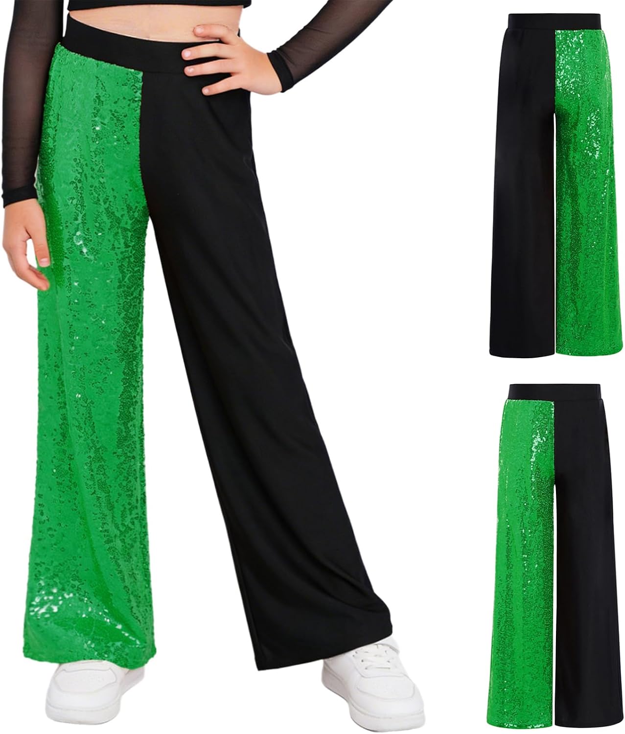 Aislor Kids Girls Sequins Hip Hop Jazz Street Dance Pants Sparkle Color Block Trousers Stage Performance Sweatpants