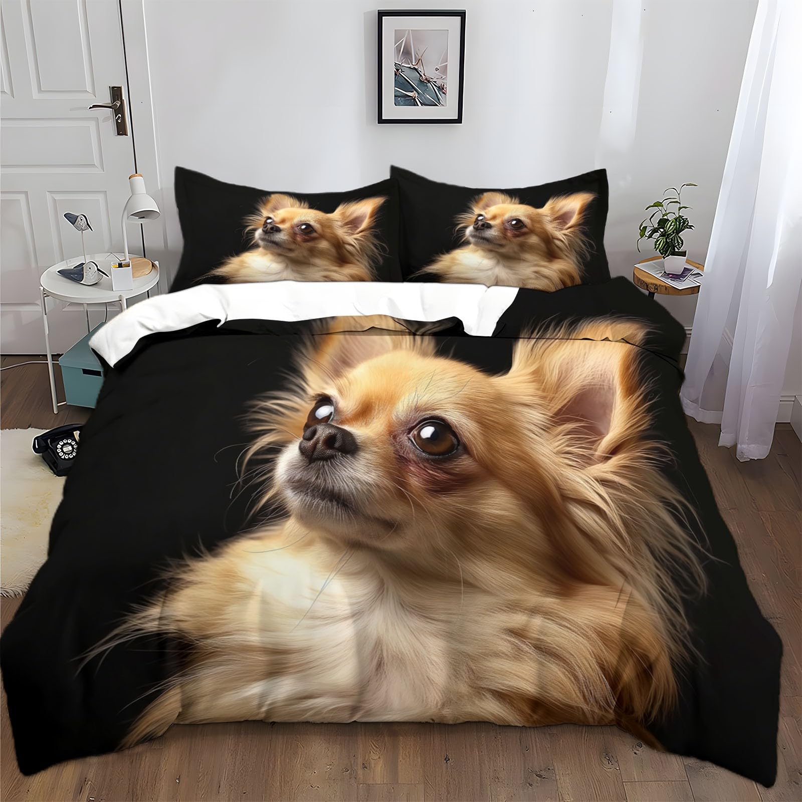 Parure de lit enfant 140x200 cm Chihuahua noir avec housse de couette et deux taies d'oreiller