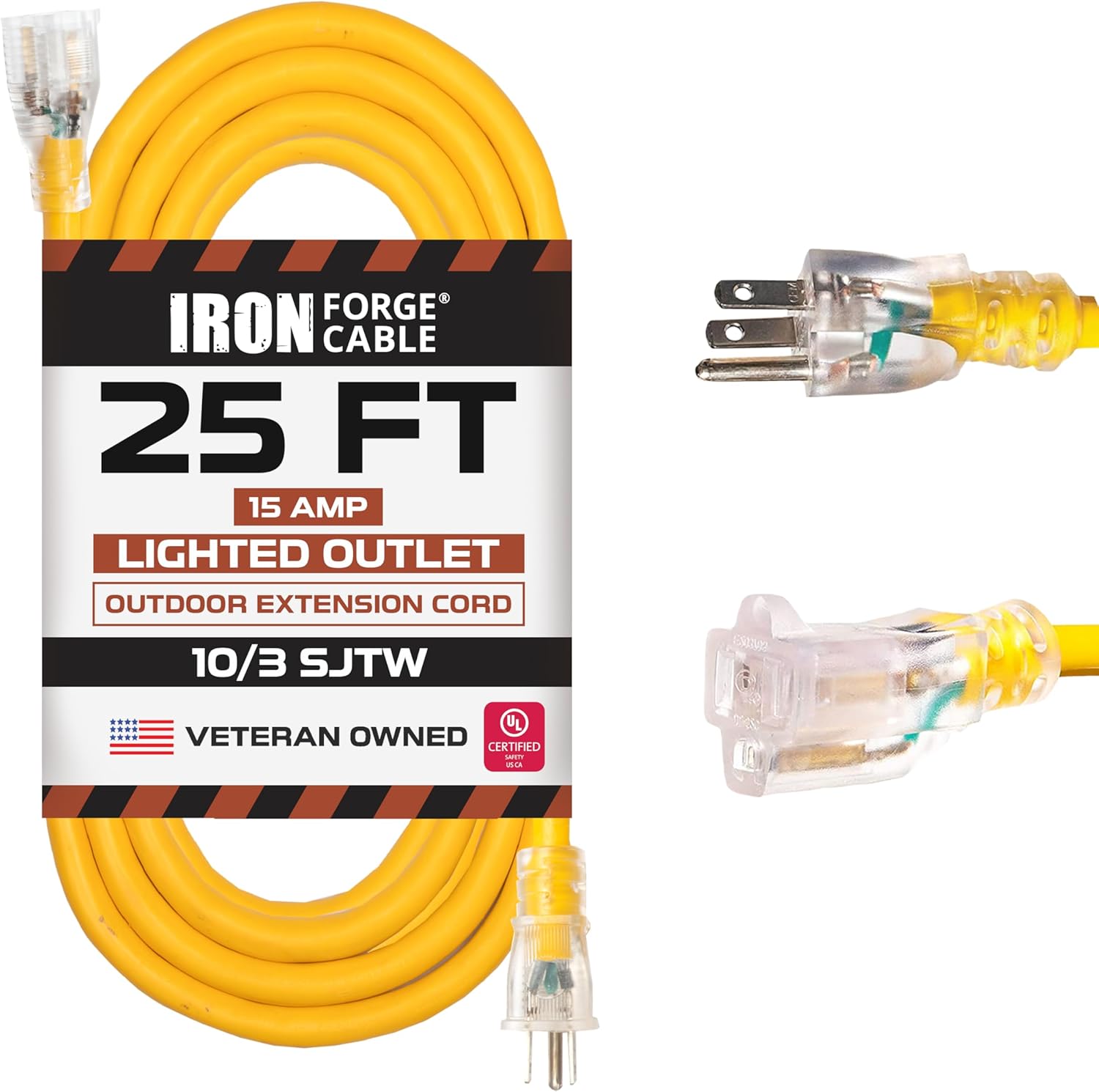 Iron Forge Cable Outdoor Extension Cord 25 Ft - 10 Gauge Heavy Duty Extension Cord, 15 AMP, 10/3 Yellow Power Cable SJTW Weatherproof with 3 Prong