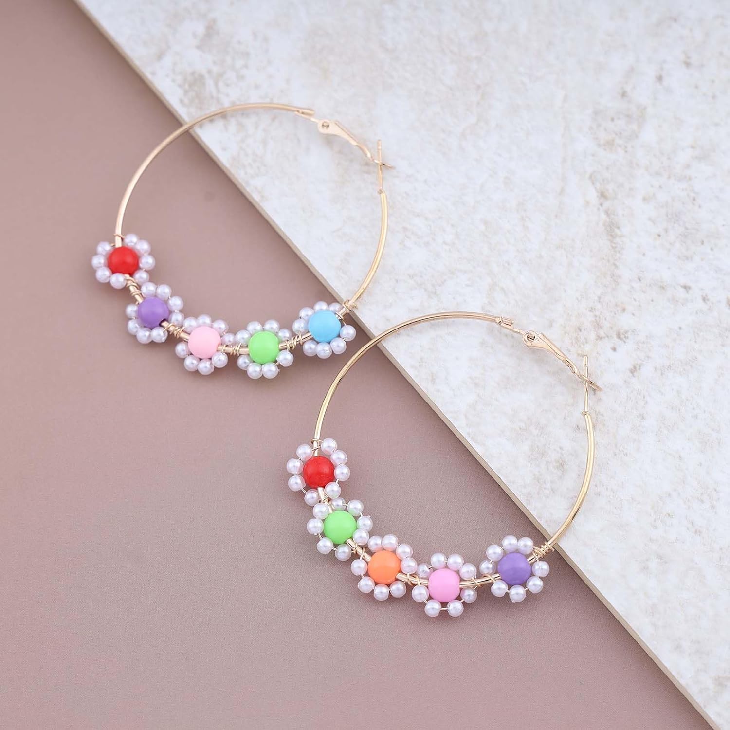 Andelaisi Boho Circle Hoop Earrings Large Hoop Earrings Colorful Bead Circle Huggies Hoop Earrings Rainbow Flower Round Hoop Earrings Jewelry for Women - Image 6