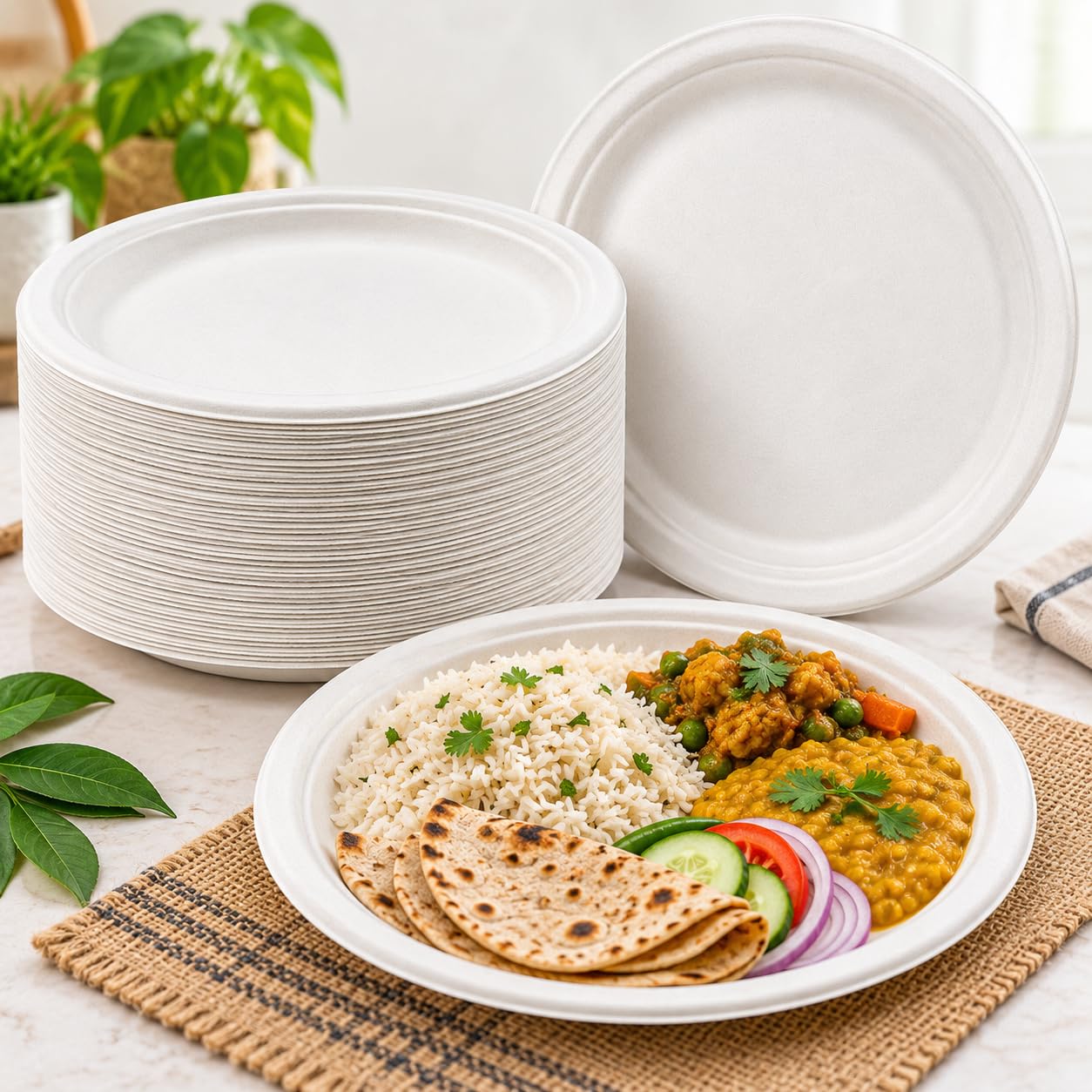 Tia Crafts 12 Inch Disposable Plates Pack of 25, Biodegradable Sugarcane Bagasse Dinner Plates, Eco Friendly Heavy Duty White Paper Plates for Wedding, Party & Catering