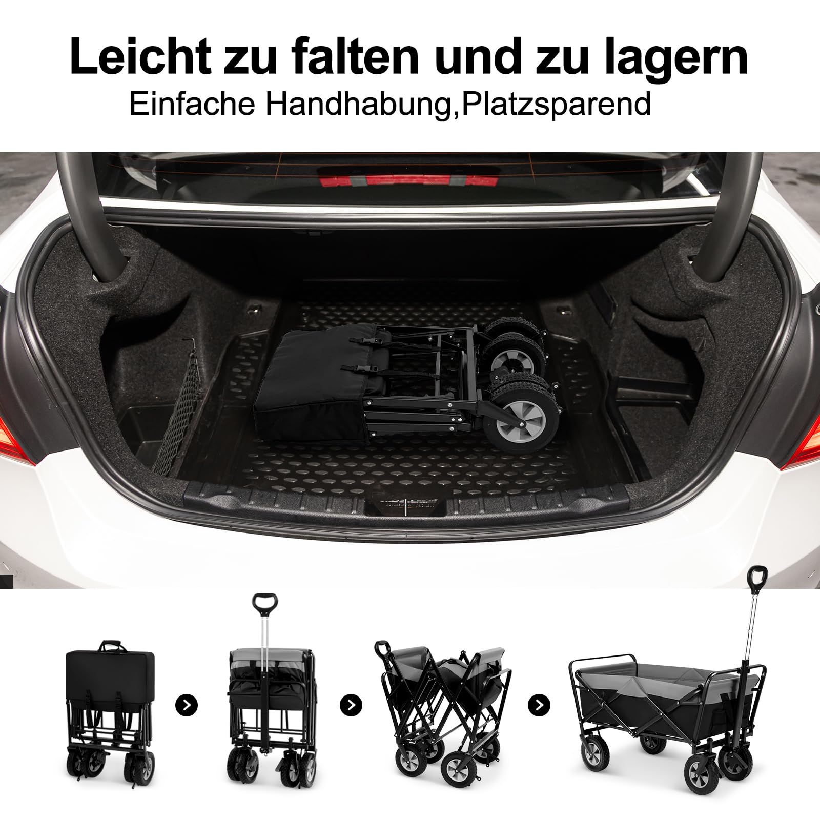 EUGAD Bollerwagen faltbar, 100 L Transportwagen mit verstellbarem Griff, tragbarer Strandwagen mit Seitentaschen, für Garten Camping Einkaufen, für alle Gelände, 180 kg belastbar, schwarz + grau