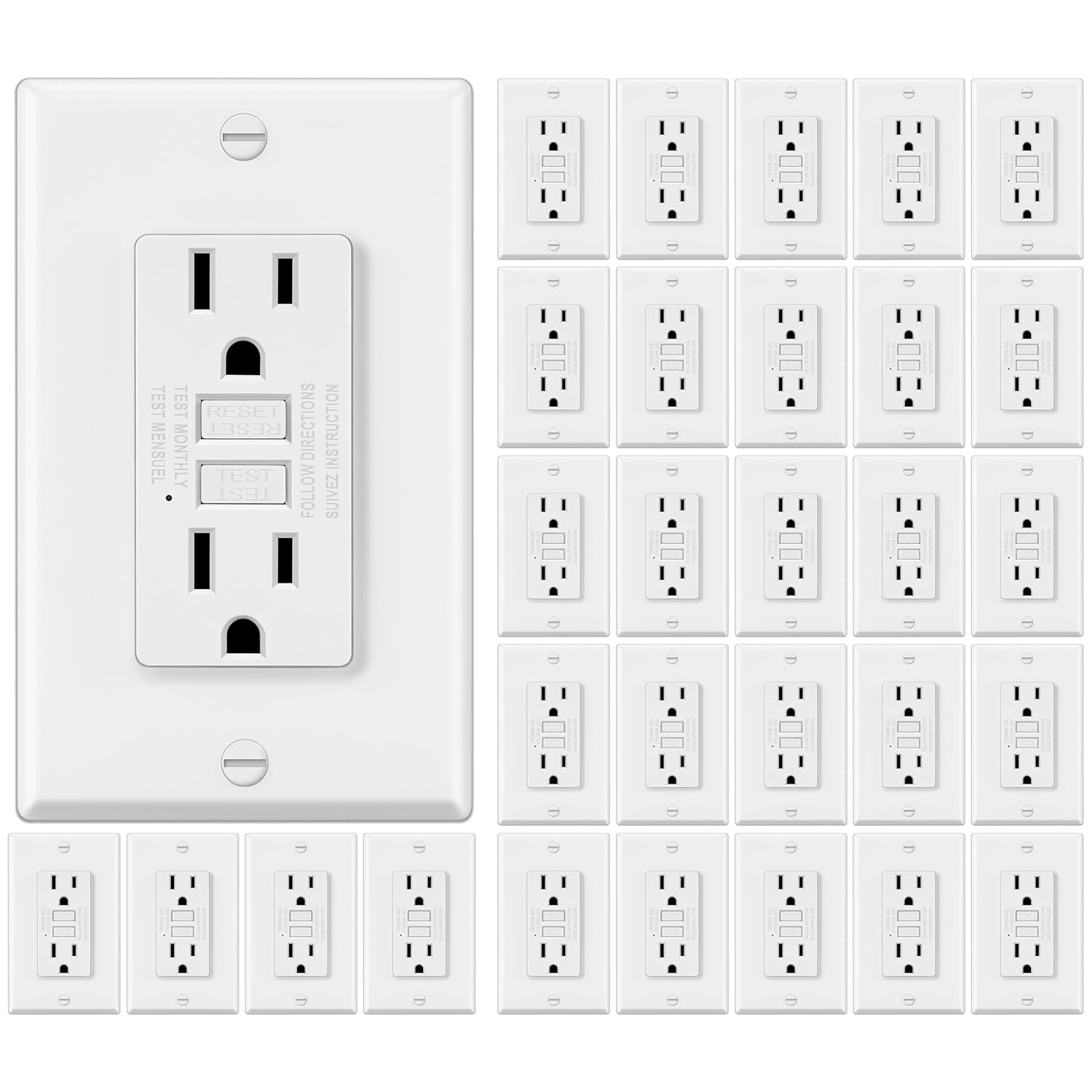 ELECTECK 5 Pack GFCI Outlets 15 Amp, Non-Tamper Resistant, Decor GFI Receptacles with LED Indicator, Ground Fault Circuit Interrupter, Wallplate Included, ETL Listed, Red/Black Button