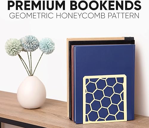 Miniatura 8 de Sujetalibros geométricos de panal amarillos de alta calidad para estantes, extremos de libro de metal para oficina, tapón de libro en forma de L,