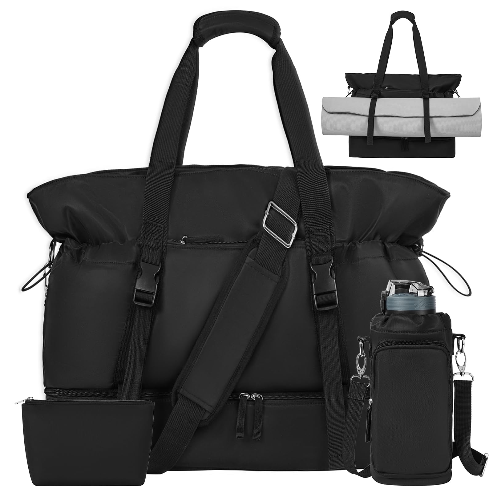 Black Gym Bag With Shoe Compartment For Women, Weekender Travel Bag with Wet Pocket, Yoga Mat Bag,Airline Approved Duffle Bag with Toiletry Bag Water Bottle Bag, Water Resistant-Black
