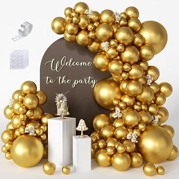 Gold Balloons 125 Pcs Different Sizes 18 12 10 5 Inch Gold Balloon Arch Kit | Metallic Gold Latex Balloons for Birthday Baby Shower Graduation Christmas New Years Party DecorationBalloon Tape Glue Dots