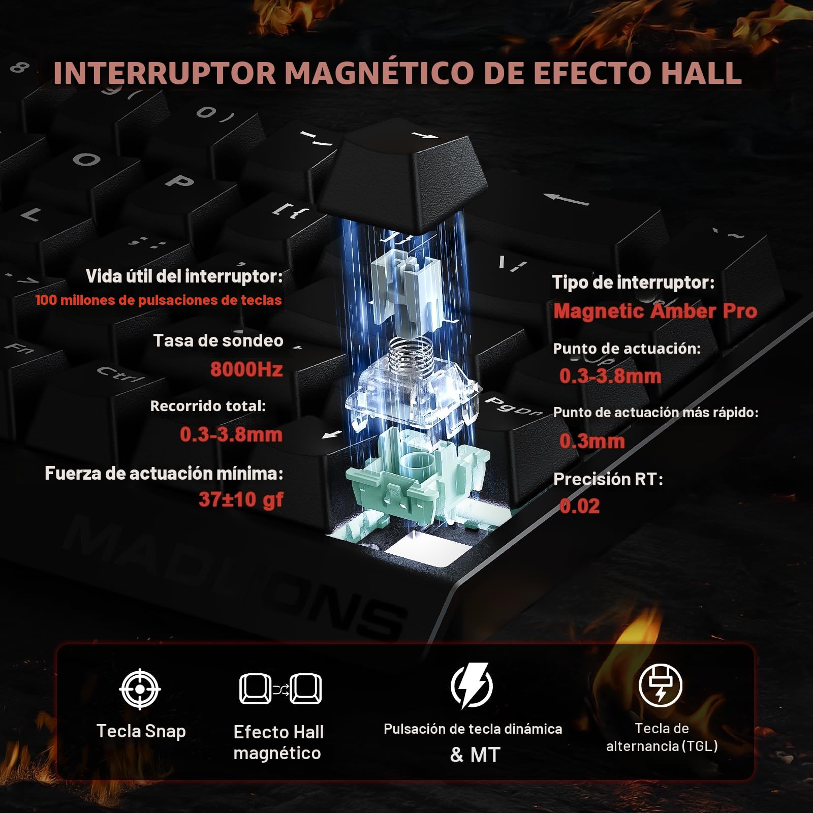 YUNZII x MADLIONS MAD68 HE 60% Teclado Gaming Magnético Cable con Rapid Trigger 8000Hz, Switch de Efecto Hall de Accionamiento Ajustable, Teclas PBT, Retroiluminación RGB, para Ordenador PC (Negro)