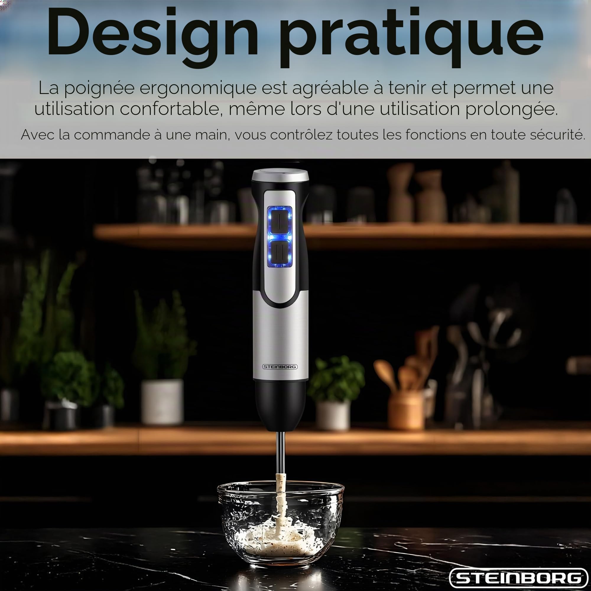 Steinborg Mixeur plongeant 1500 W en acier inoxydable, fouet, hachoir – Bol mélangeur en acier inoxydable de 500 ml avec fonction turbo, mixeur à main, hachoir multifonctionnel