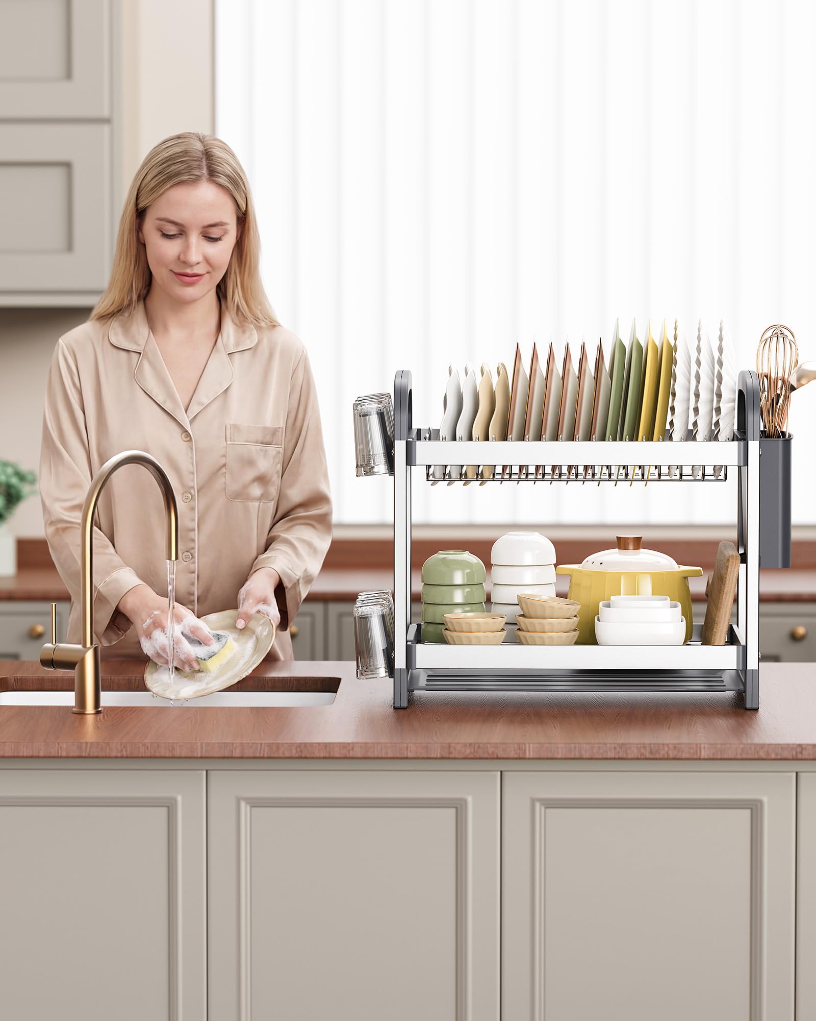 Orimade Abtropfgestell Geschirr,2 Stufiges Geschirrabtropfgestell mit Utensilienhalter,Becherhalter und Abtropfschale für Küche
