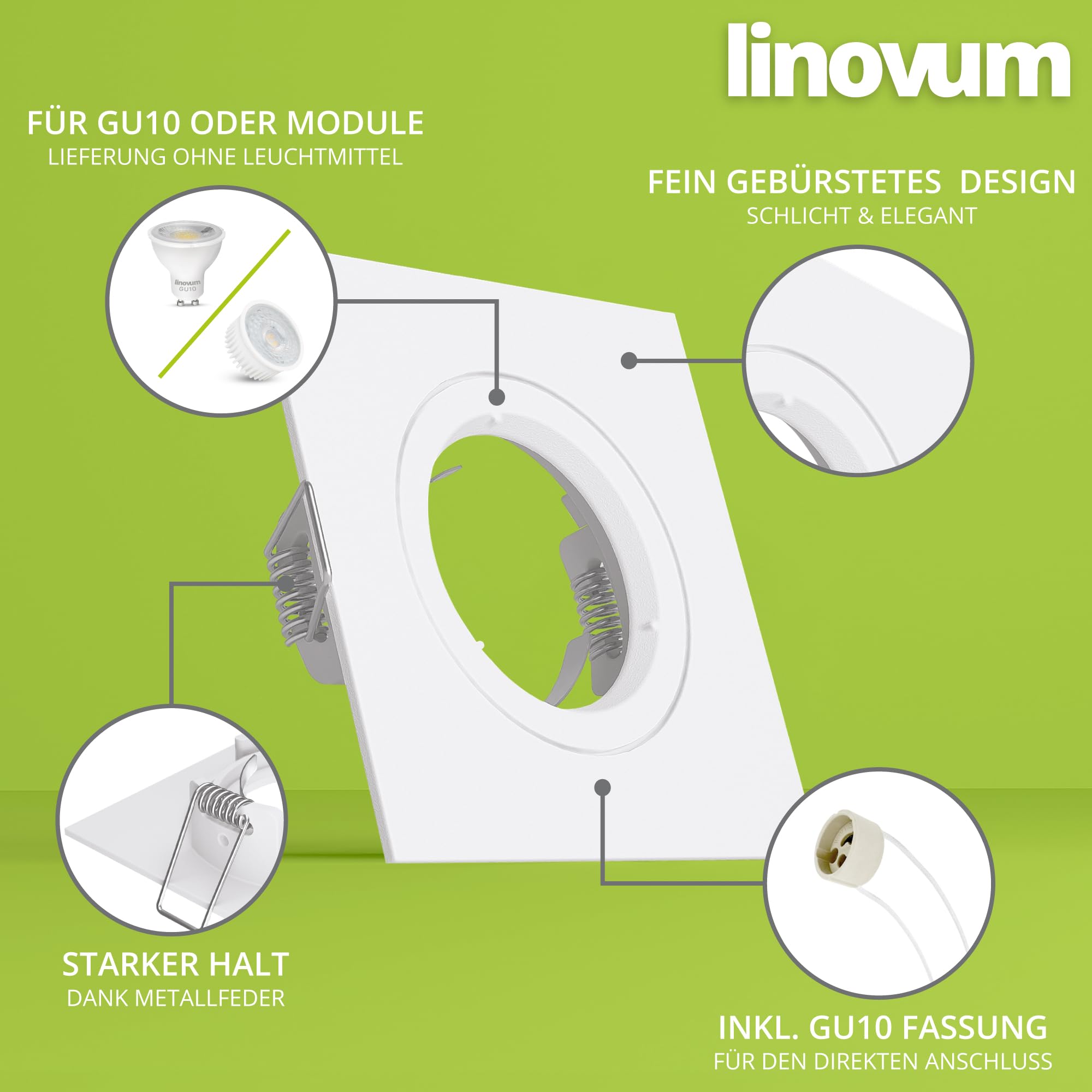 linovum Einbaurahmen 10er Set eckig weiß GU10 inkl. Fassung | Zehn Deckenrahmen weiß matt - für GU10 oder MR16, einfacher Wechsel ohne Sprengring, inkl. Fassung (ohne Leuchtmittel)