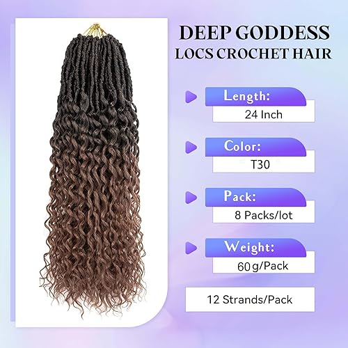Miniatura 2 de Goddess Locs - Extensiones de cabello ondulado profundo de 24 pulgadas, 8 paquetes de trenzas de ganchillo sintéticas suaves, extensiones de cabello