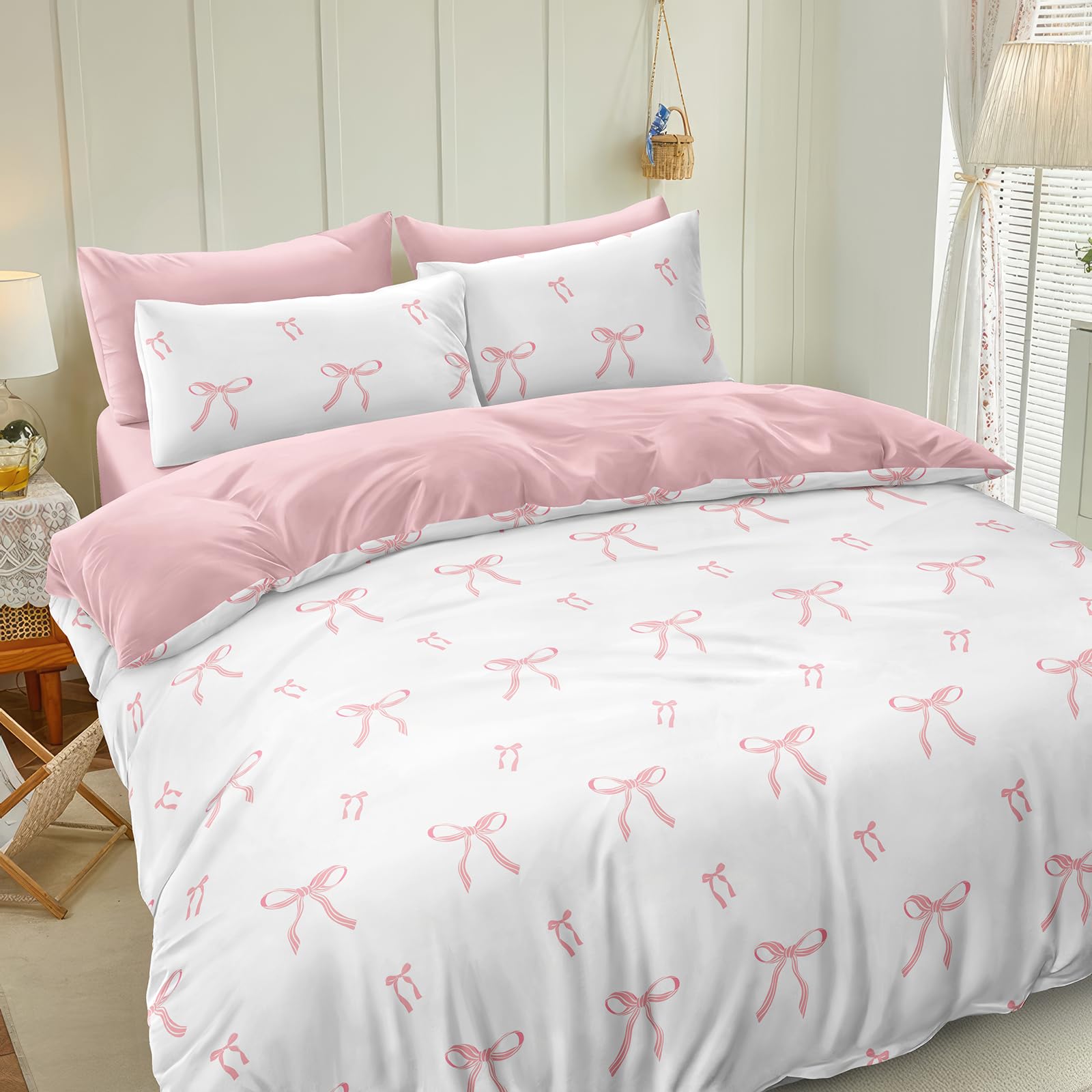 Herside Pink Stripe Bow Bedding Set Double Size 3PCS Cute White Duvet Cover Set Pink Bowknot Bedding Quilt Cover Soft Microfibre Quilt Cover All Season Bedding Set for Girls Adult - Image 2
