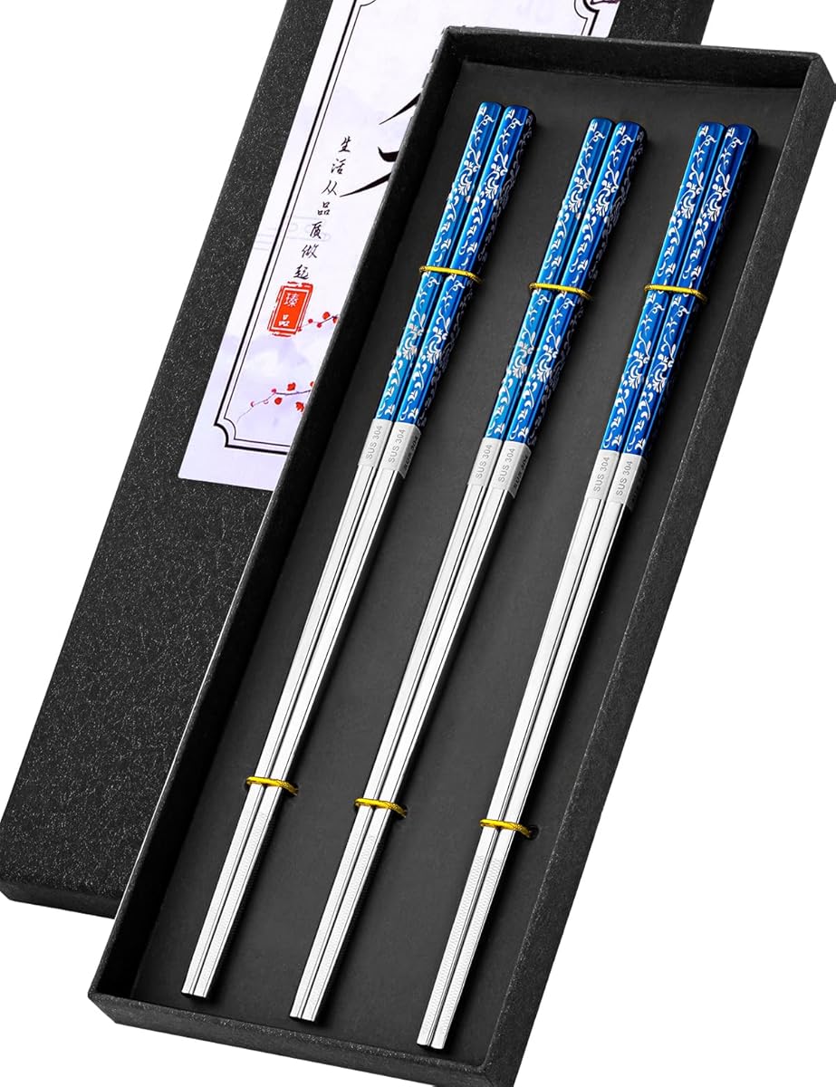 TINMARDA Metal Chopsticks Reusable, 3 Pairs Non-Slip Chop Sticks Reusable Dishwasher Safe, Titanium Plated Stainless Steel Chopsticks Present Set (Blue Silver)