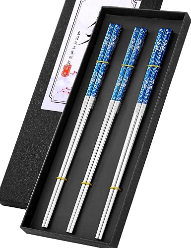 TINMARDA Metal Chopsticks Reusable, 3 Pairs Non-Slip Chop Sticks Reusable Dishwasher Safe, Titanium Plated Stainless Steel Chopsticks Present Set (Blue Silver) - Floral Blue