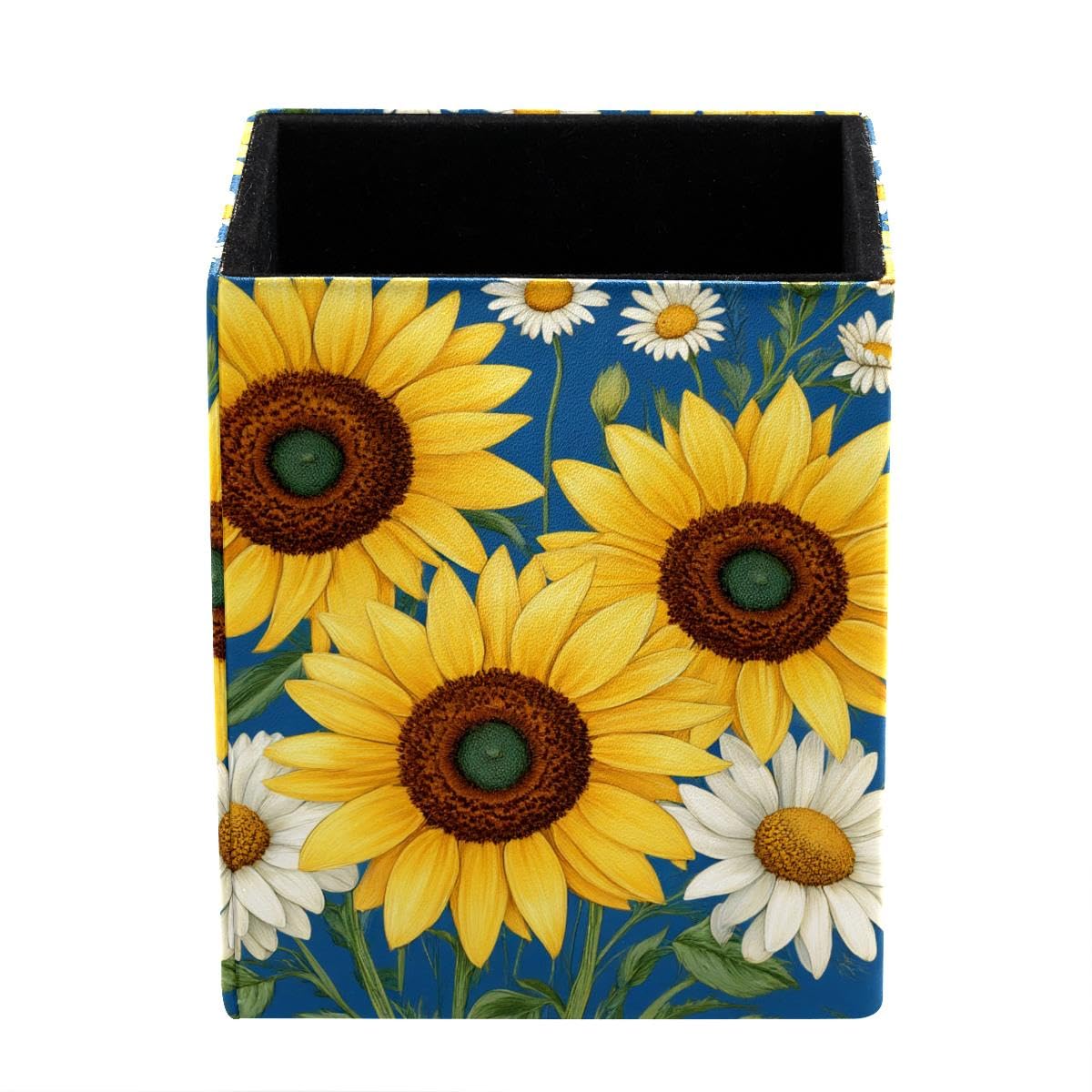 HEOEH Daisy Sunflower Pen Holder Pen Pot, Square Pencil Cup for Desk