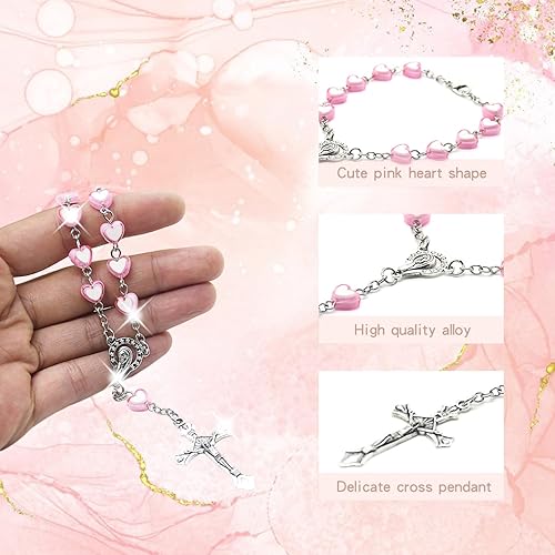 Miniatura 4 de 2 piezas de rosario rosa de corazón de amor, espejo retrovisor para automóvil, rosario religioso, accesorios para colgar, medalla Lourdes y cruz