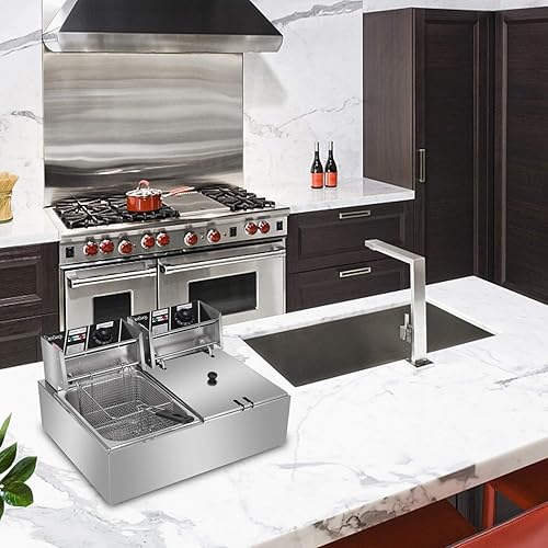 Miniatura 3 de Freidora comercial de 5000 W, freidora eléctrica de doble tanque de 12 litros con 2 cestas, freidora de comida rápida de acero inoxidable para uso