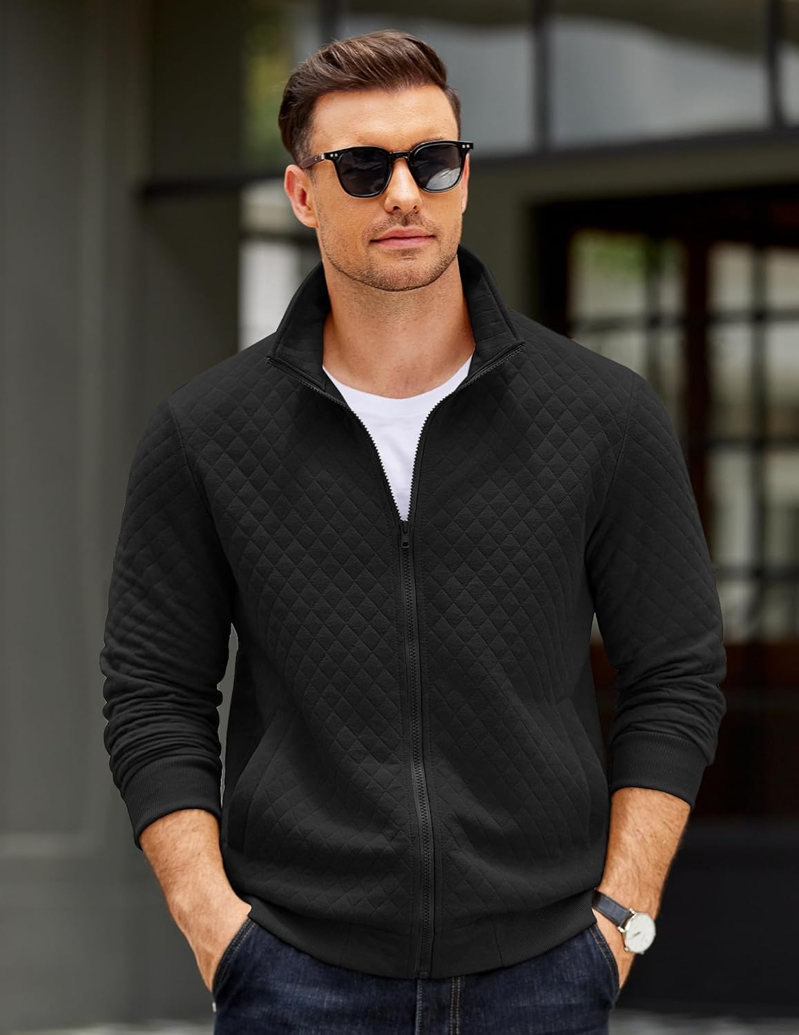 COOFANDY Mens Zip Up Sweatshirt Mock Neck Quilted Jacket Casual Lightweight Sweater Jackets with Pocket - Image 5