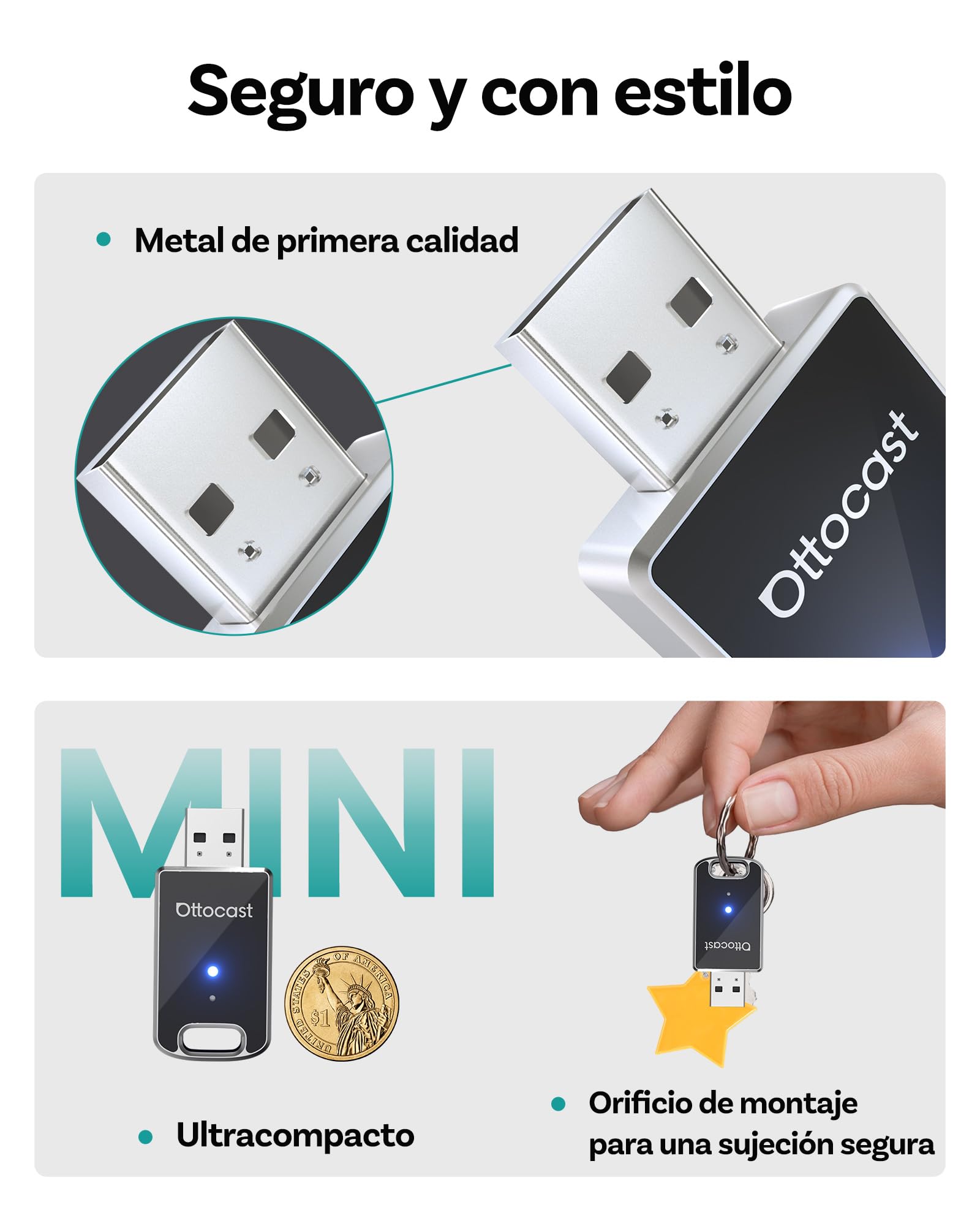 OTTOCAST Mini Adaptador Carplay Inalambrico,Última Versión 2026, 2 en 1 Convierte CarPlay/Android Auto por Cable a inalámbrico, Plug-&-Play, Diseño Compacto de Metal, Reconexión automática.