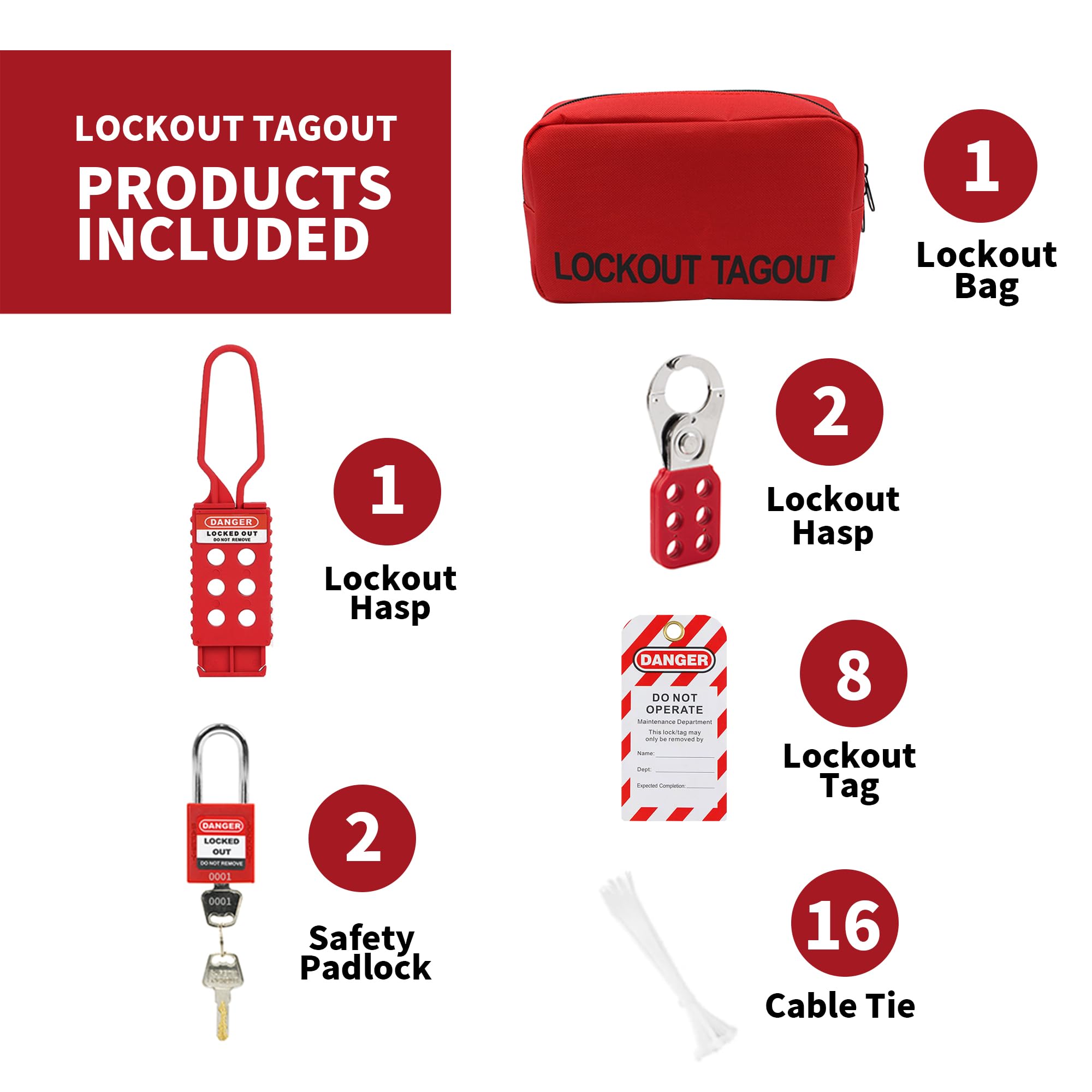 Kit de etiquetado de bloqueo eléctrico de seguridad para grupo Loto con 2 llaves diferentes, 8 etiquetas de etiquetado, 1 hebilla de nailon, 1 bolsa de bolsillo