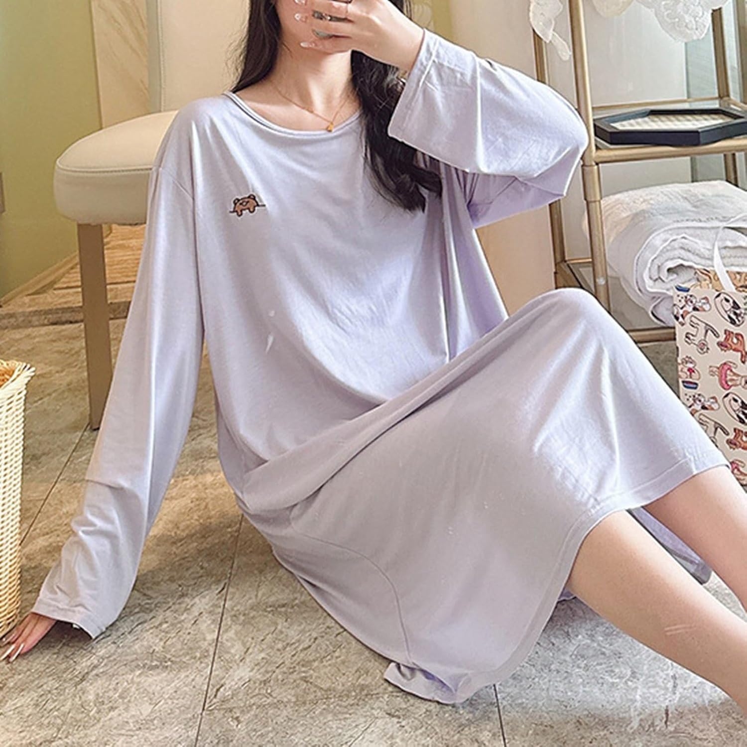 ネグリジェ ロングTシャツ 長袖 胸パッド入り 大きいサイズ 部屋着 ワンピースパジャマ M-5XL ルームワンピース ストレッチ