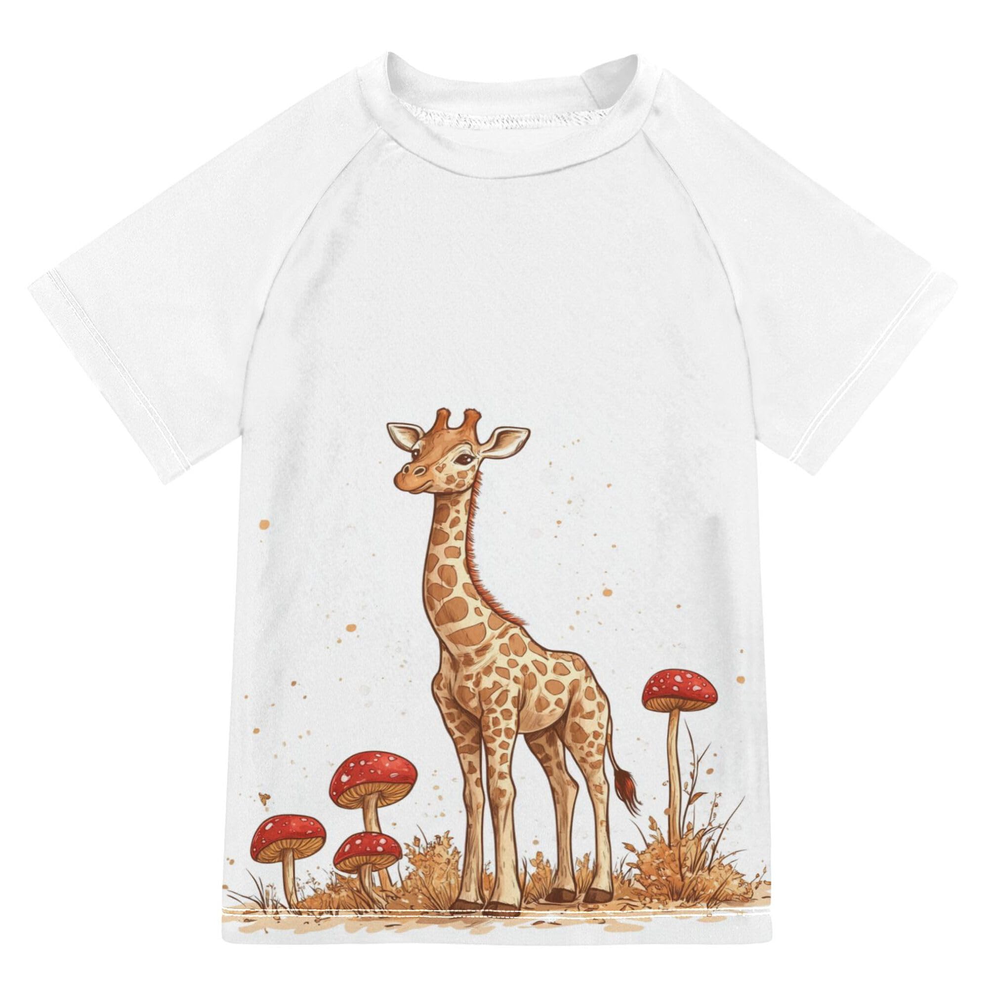 Cartoon Giraffe White Kids Bathing Suit UV Protection Kids Rash Guard Swimsuit Girls Swimwears Baseball Shirts for Toddler Boy 4T