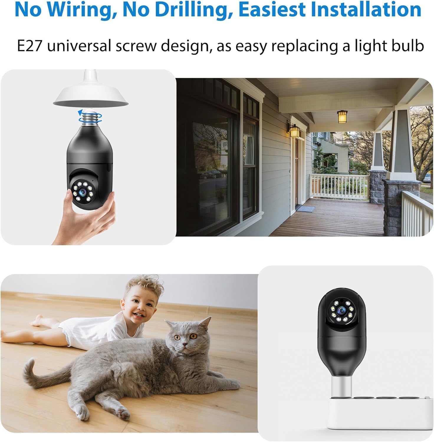2K Light Bulb Camera Outdoor, 2.4/5GHz Wi-Fi 6 Security Cameras Wireless Outdoor, 360° PTZ Cameras for Home Security with Color Night Vision, AI Human Detection, 2 Way Talk, Easy Installation,2 Packs