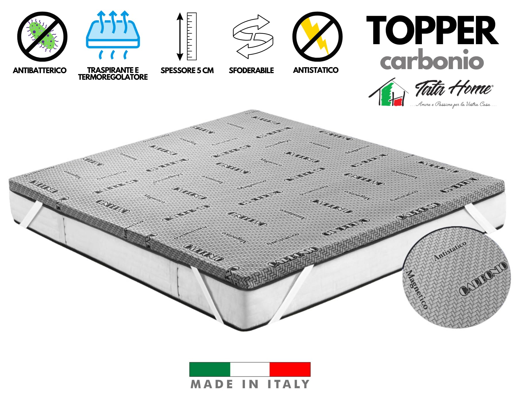 Topper Materassino Coprimaterasso in Memory Foam Sfoderabile Correttore per Sopra Materasso Matrimoniale 2 piazze 160x190 cm Alto 5 cm Modello Carbon
