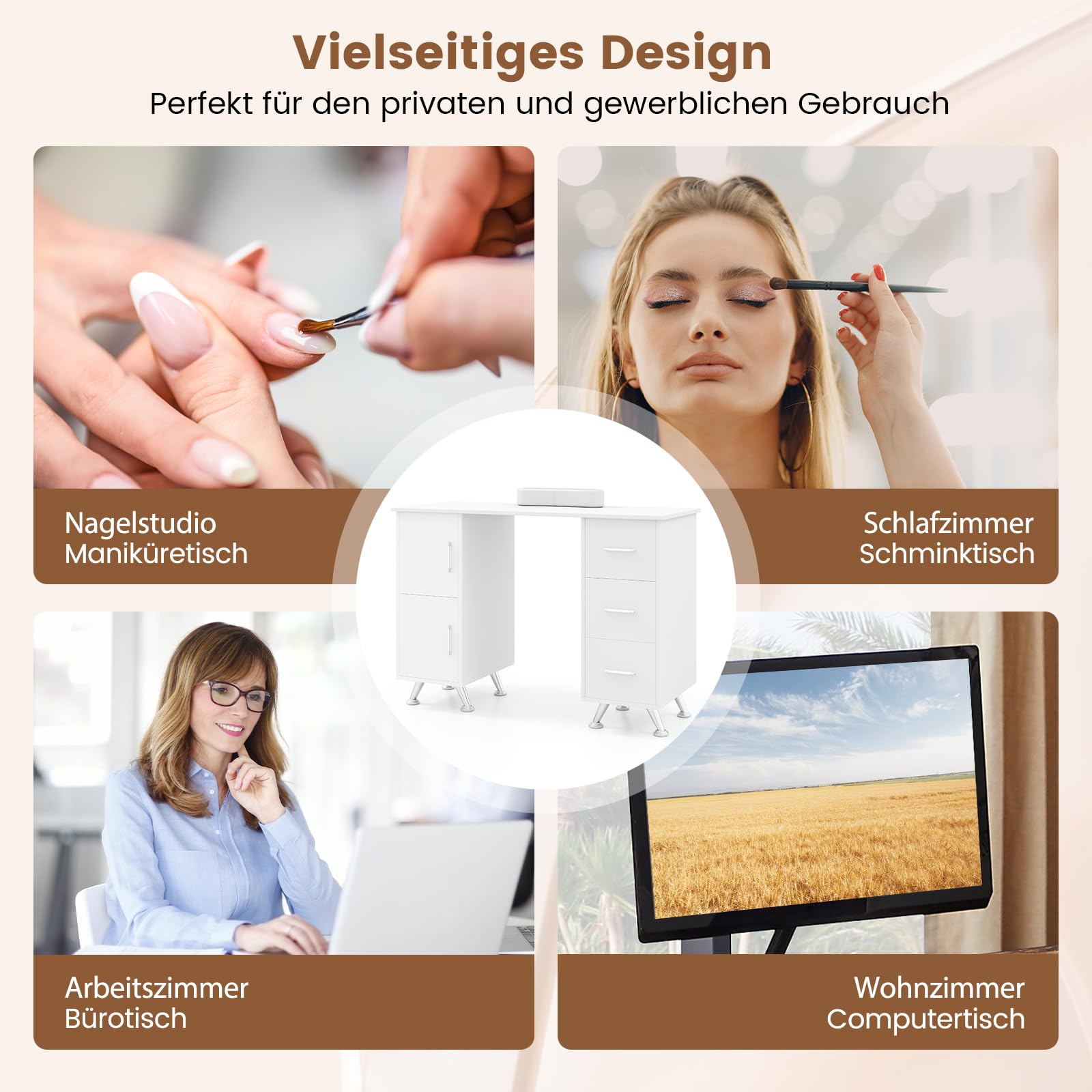 COSTWAY Maniküretisch mit Schubladen, Schränken & Handballenauflage, Nageltisch mit acetonbeständiger Tischplatte, Maniküre Tisch (Weiß)