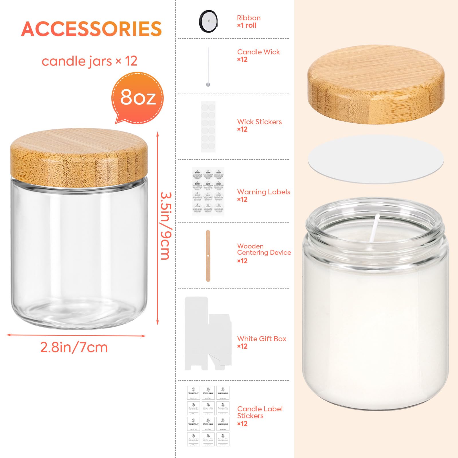 12Pack 8OZ Thick Glass Candle Jars with Bamboo Lids,Christmas Candle Jars with Candle Making Kits&Labels&Gift Box,Empty Food Storage jar Overnight Oats Container Canning Jar For SpicePickleJamSalad