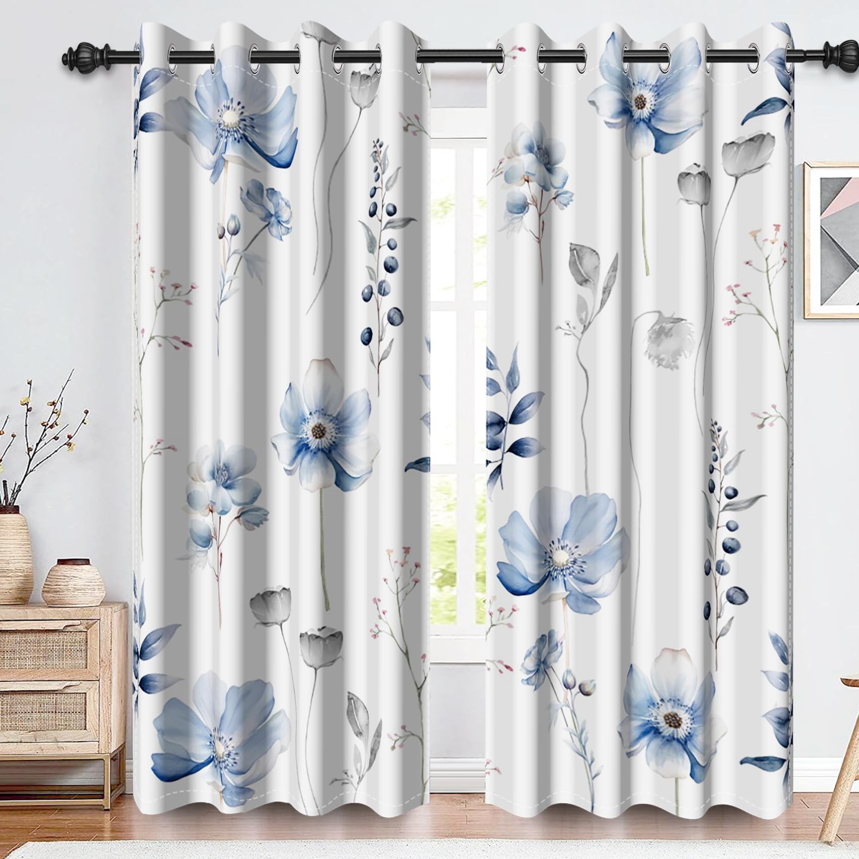 Rideaux occultants contre la lumière et la chaleur motif floral bleu gris