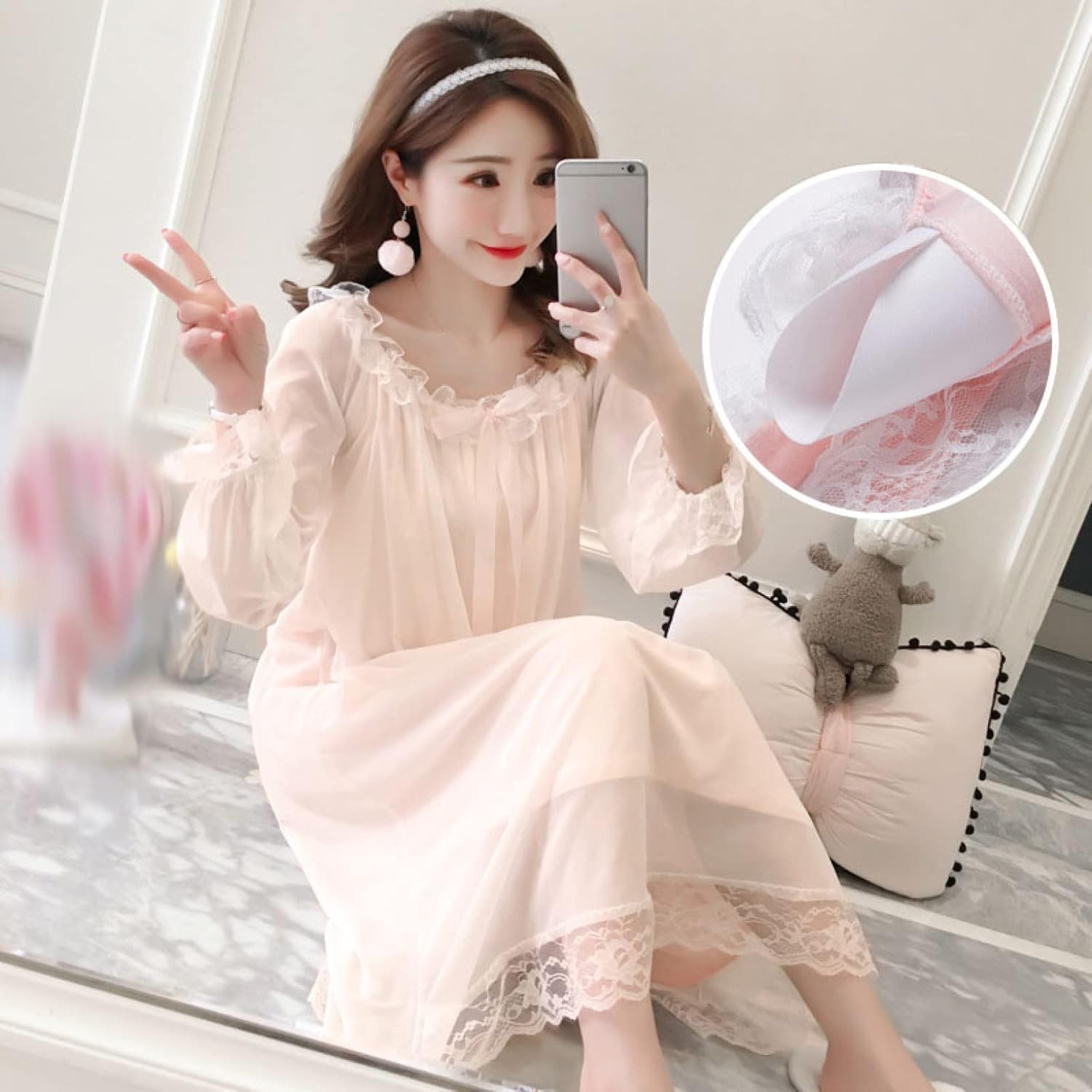 ロング ネグリジェ レディース ワンピース パジャマ お姫系 ルームウエア ゆったり レース 可愛い 部屋着 長袖 ナイトドレス レ