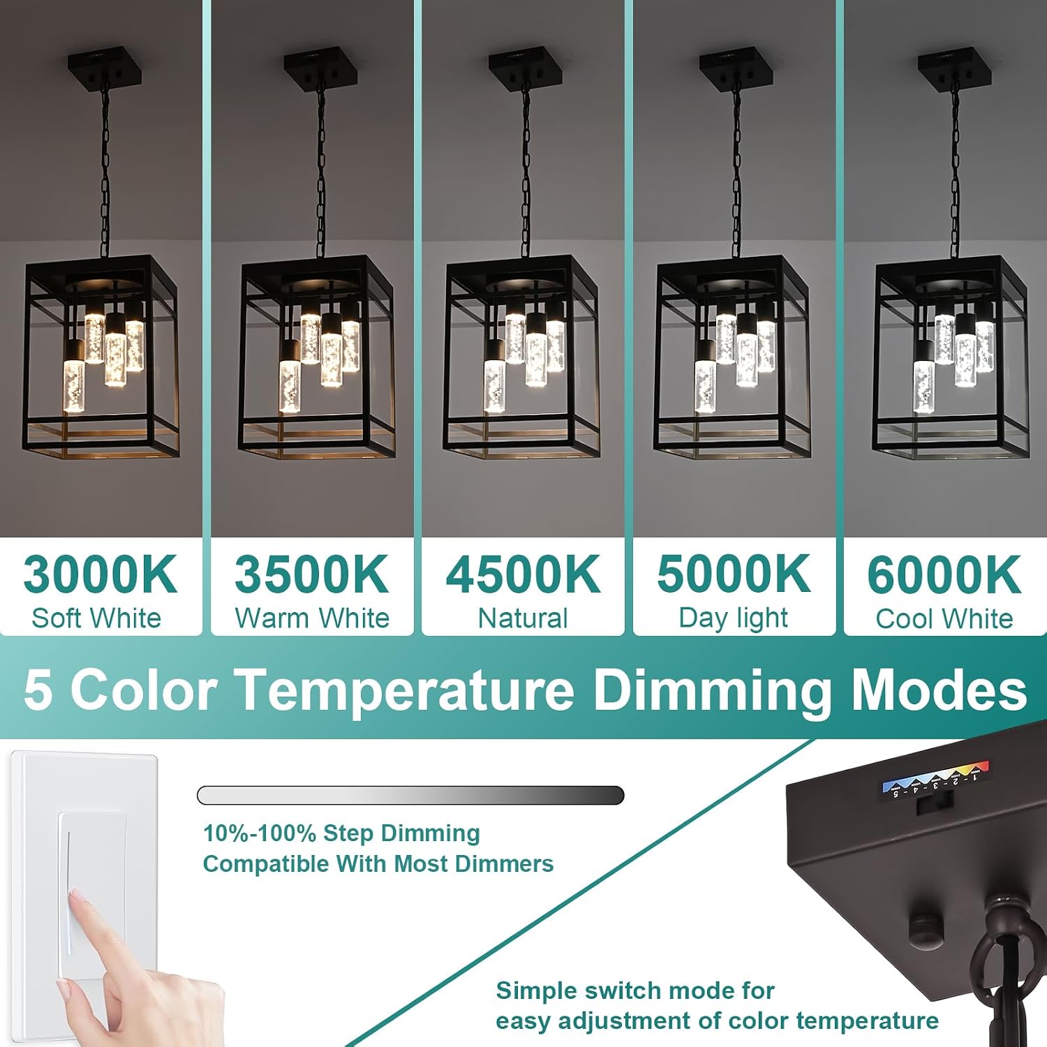 Outdoor LED Pendant Light Fixtures for Porch,4 Lights 5CCT Outdoor Pendant Light,Oil Rubbed Bronze LED Integrated Bulbs HangingLantern,Exterior Ceiling Light for Patio,Foyer,Entryway,Hallway