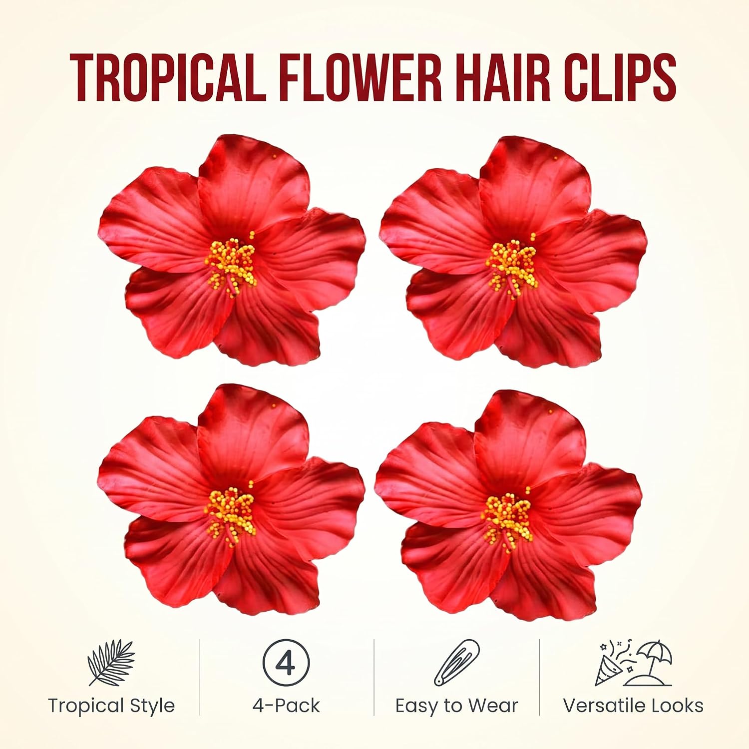 4Pcs Red Hawaiian Flower Hair Clip for Women Girls Fashion Bohemian Flowers Hair Accessory for Dancer Bridal Wedding Beach Party Clips and Barrettes Hair Accessories 8cm