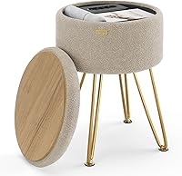 Vista 34 de STORAGEBUD Otomana redonda con almacenamiento, otomana de almacenamiento de bouclé, taburetes otomanos, taburete de tocador de maquillaje, pequeños